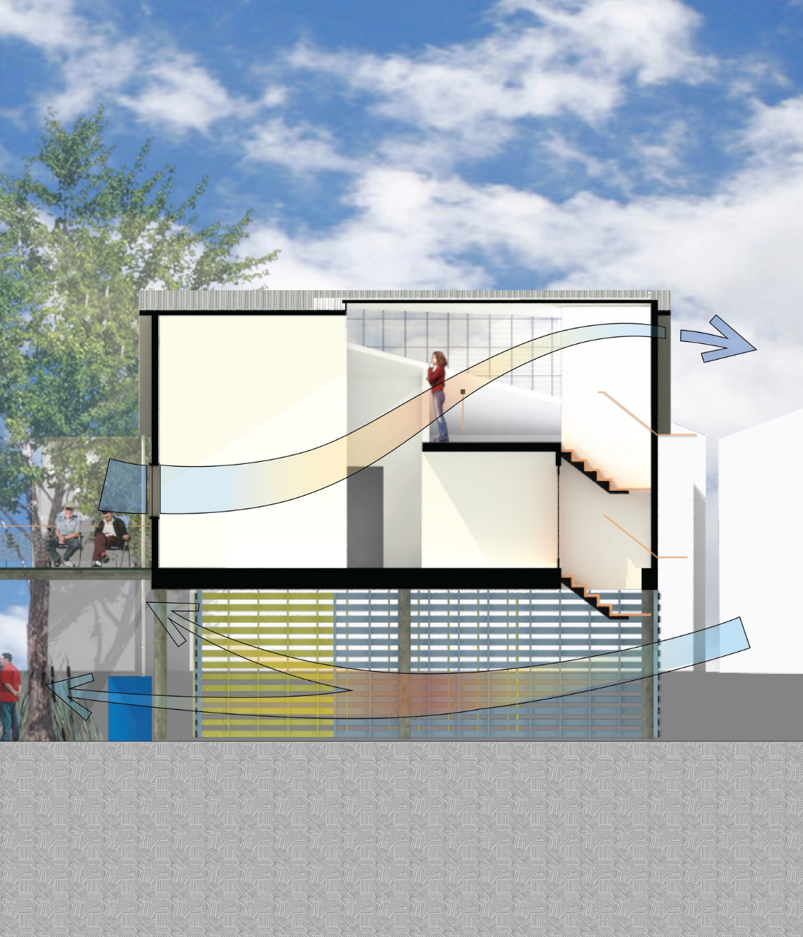The small houses have dormers that provide a mezzanine living space and passive cooling and cross ventilation. 