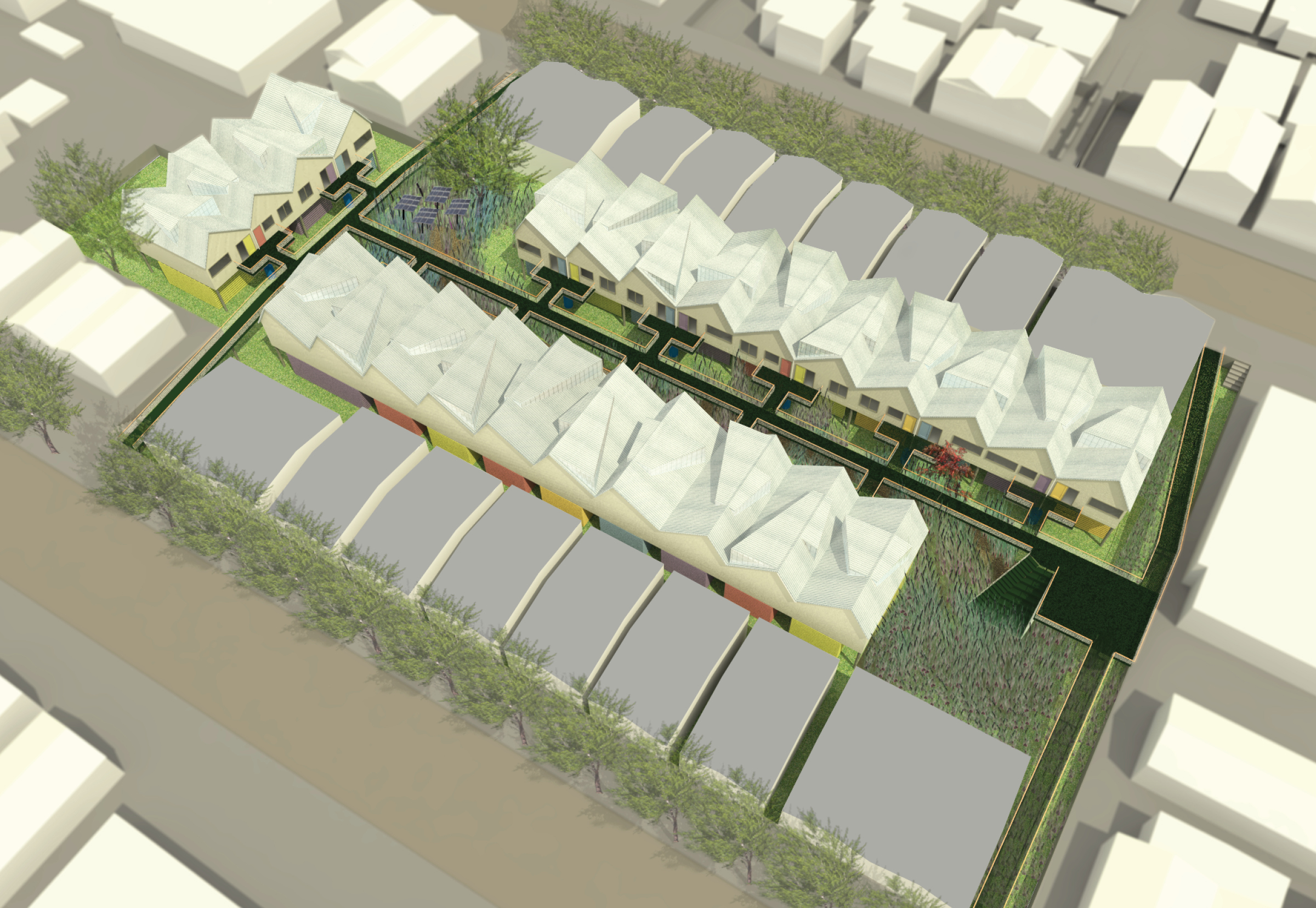 In this scheme, the original detached bungalows are replaced with row houses in order to capture former side yards as new gardens for water management.