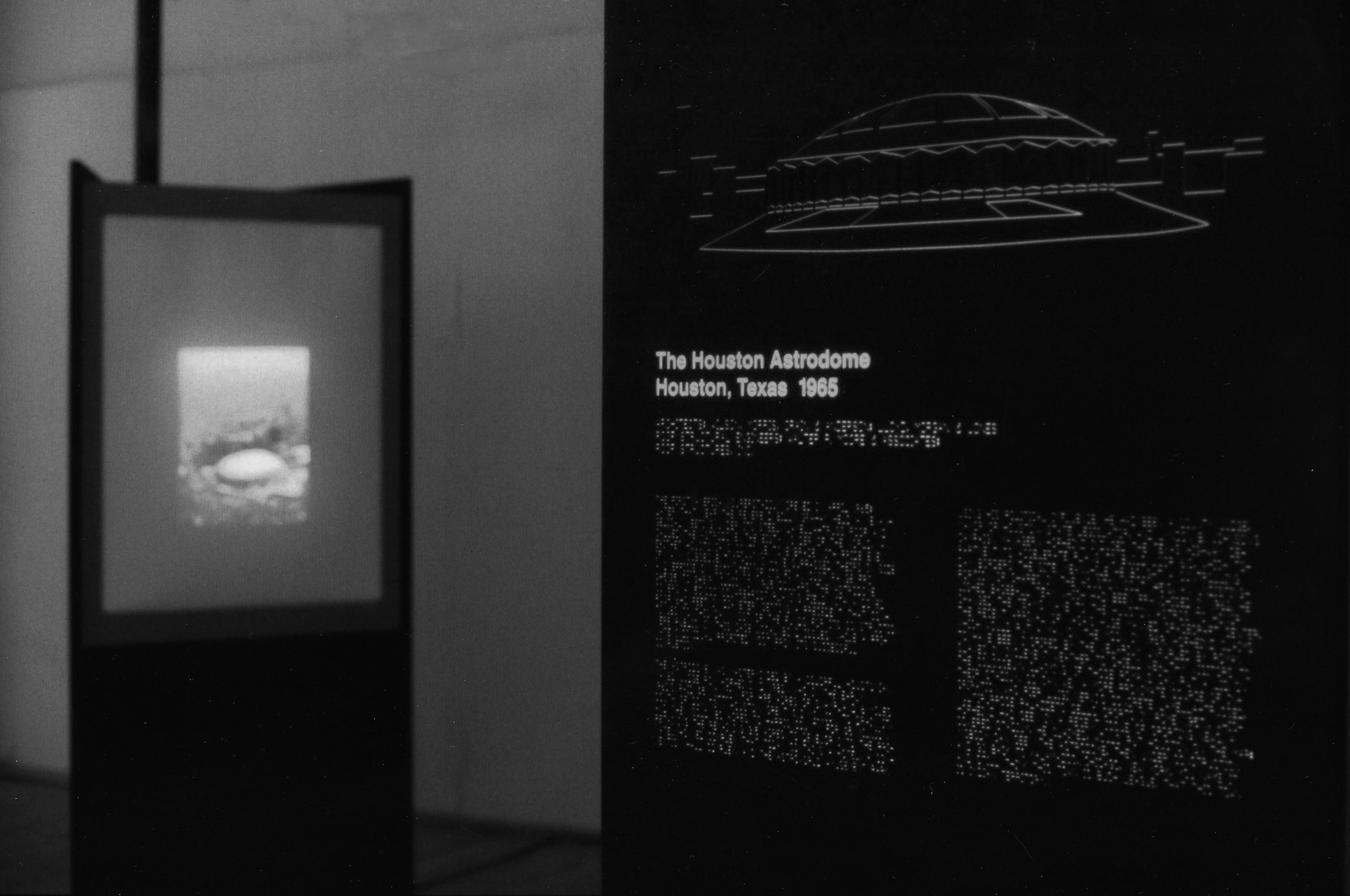 For an exhibit about large span structures and the scale of event they housed we used the emerging technology of the moment, cnc milling, to create back lit displays with miniaturized feel of spectacle. The triangular stanchions can be arranged to create a connections across a large space, in these images a gallery at Pratt Institute.