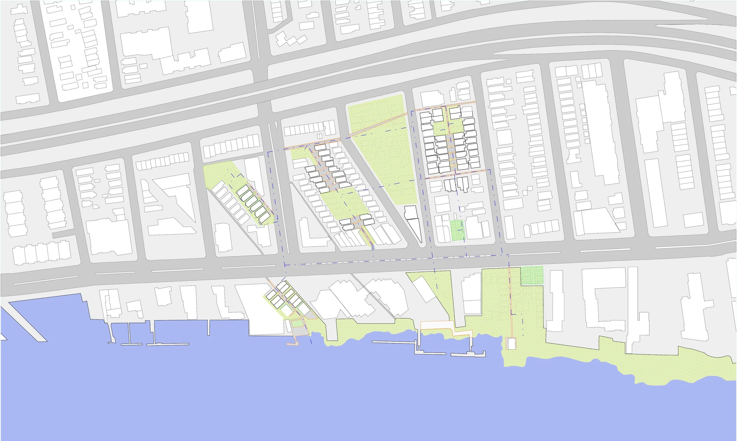 In collaboration with Jason Loiselle / Sherwood Engineering, we developed a plan encompassing all the courts that creates sequences of smaller and larger wetlands in relation to a renewed shoreline. The ultimate master plan would group the bungalows on the higher ground in denser configurations in order to free the ground needed to deal with upland flooding from rain and shore inundation. The by-product would be an increase in community parkland, which is now scarce. Only this scale of planning will make the neighborhood truly sustainable.