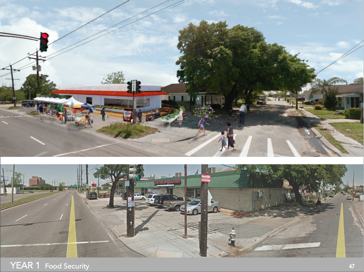 Plum Orchard's long-term plan would implement a Bus Rapid Transit system and Business Improvement District along the historic commercial strip and central thruway, Chef Menteur Highway, to catalyze revitalization and attract fresh food ventures. In the short-term, pop-up markets and new fresh food corner stores can serve the growing population.