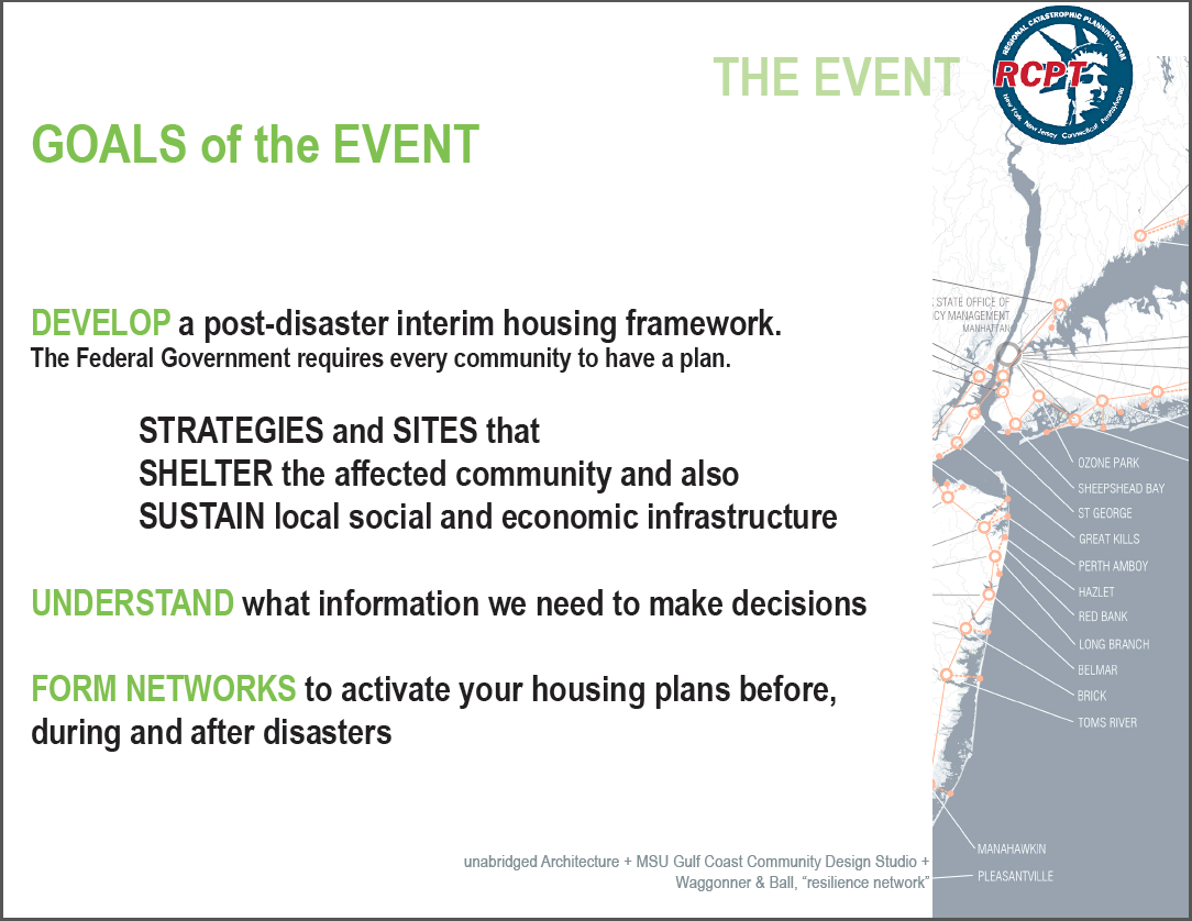 The workshops were hands-on: small, multi-disciplinary groups equipped with maps of the subject area, data on demographics and environment, and their own diverse expertise discussed the challenges and presented solutions to providing interim housing to disaster-affected residents. Each discussion group comprised members of all sectors -- homeowners, FEMA officials, urban resiliency experts, homeless advocacy non-profits, local emergency managers...all perspectives were at the table.