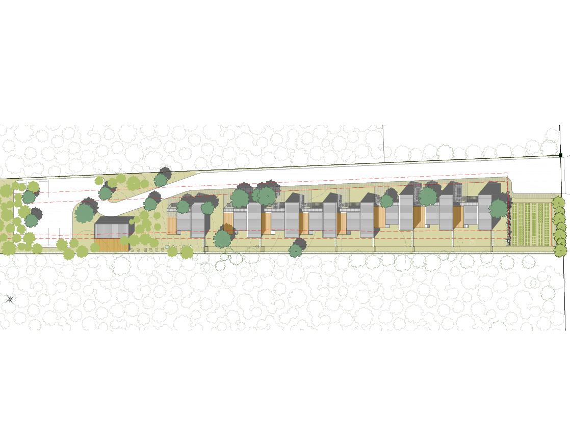 The units, along with careful site planning and passive and active technology, will achieve near-passive operations and meet criteria for energy-efficiency grants. Their modular construction will be reproducible on similar sites. The eight units’ position on the compact site encourages community interaction and recreation while also creating private outdoor spaces that extend the interior of each cottage’s allowable footprint.
