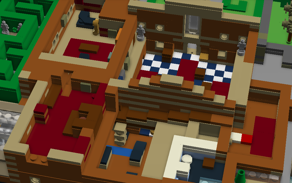  Clockwise from the lower left; Library, Music Room, Great Hall, Bedroom, and Bathroom 