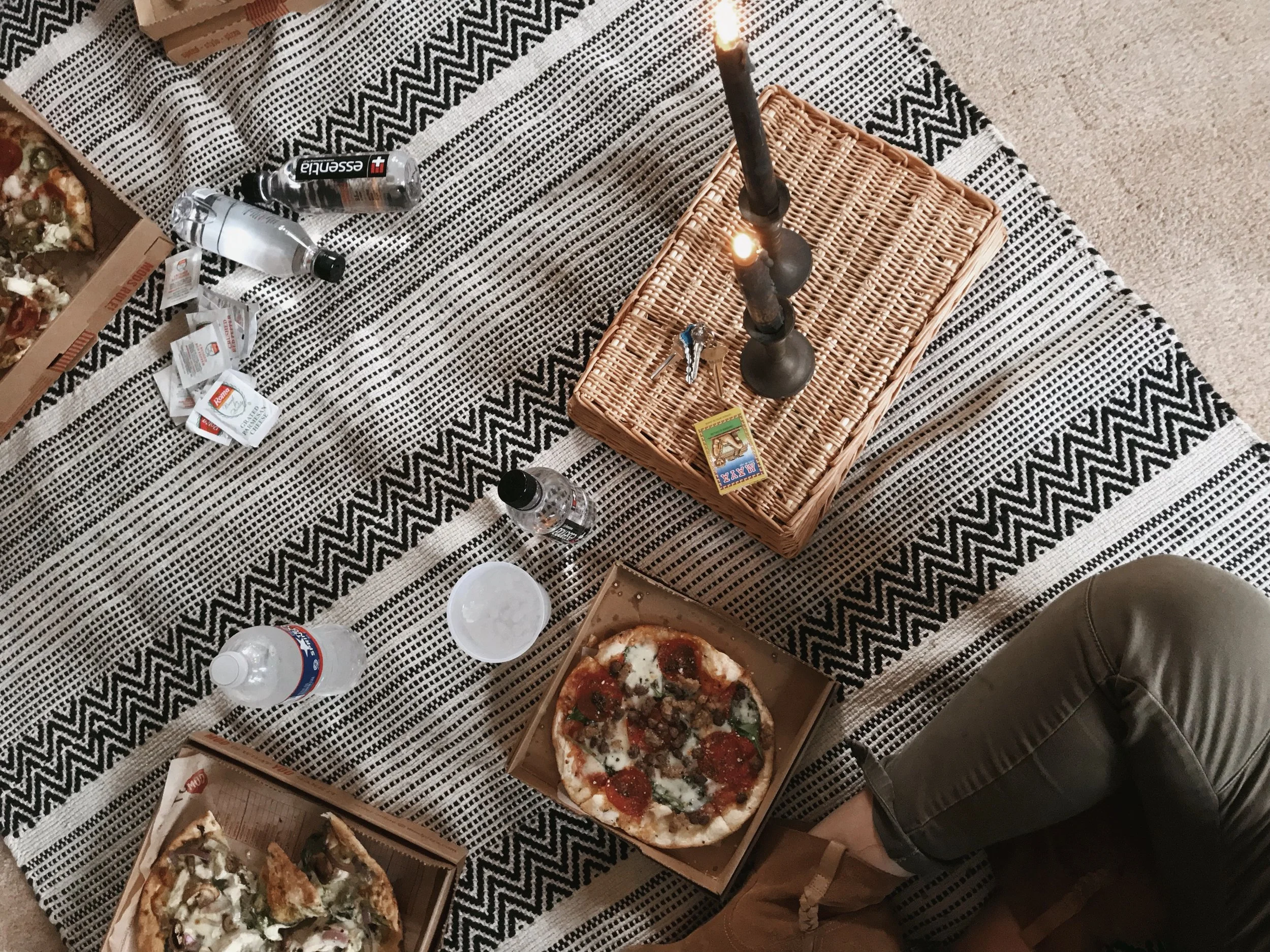 We will not be moving into the new house for weeks. Who wants to wait that long to celebrate? Light some candles, find the rug you just bought at Home Goods, grab Mod Pizza and call it a party! This was Friday just hours after closing.