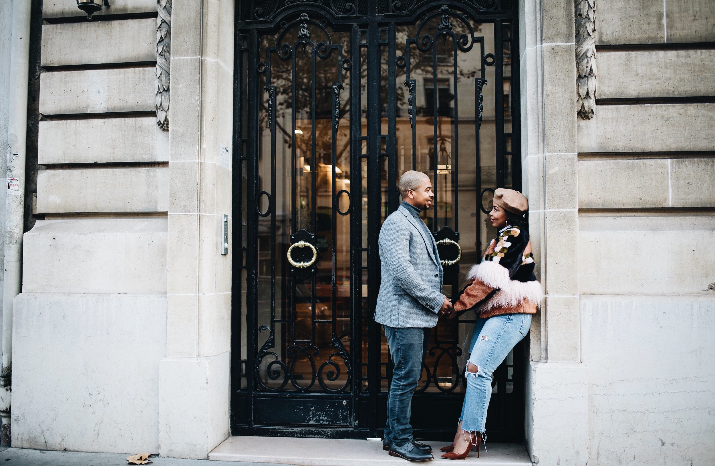 alexis-kotto-faux-fur-jacket-gap-cone-denim-jeans-steve-madden-daisie-heels-free-people-beret-paris-engagement-session-asos-wool-mens-blazer.JPG