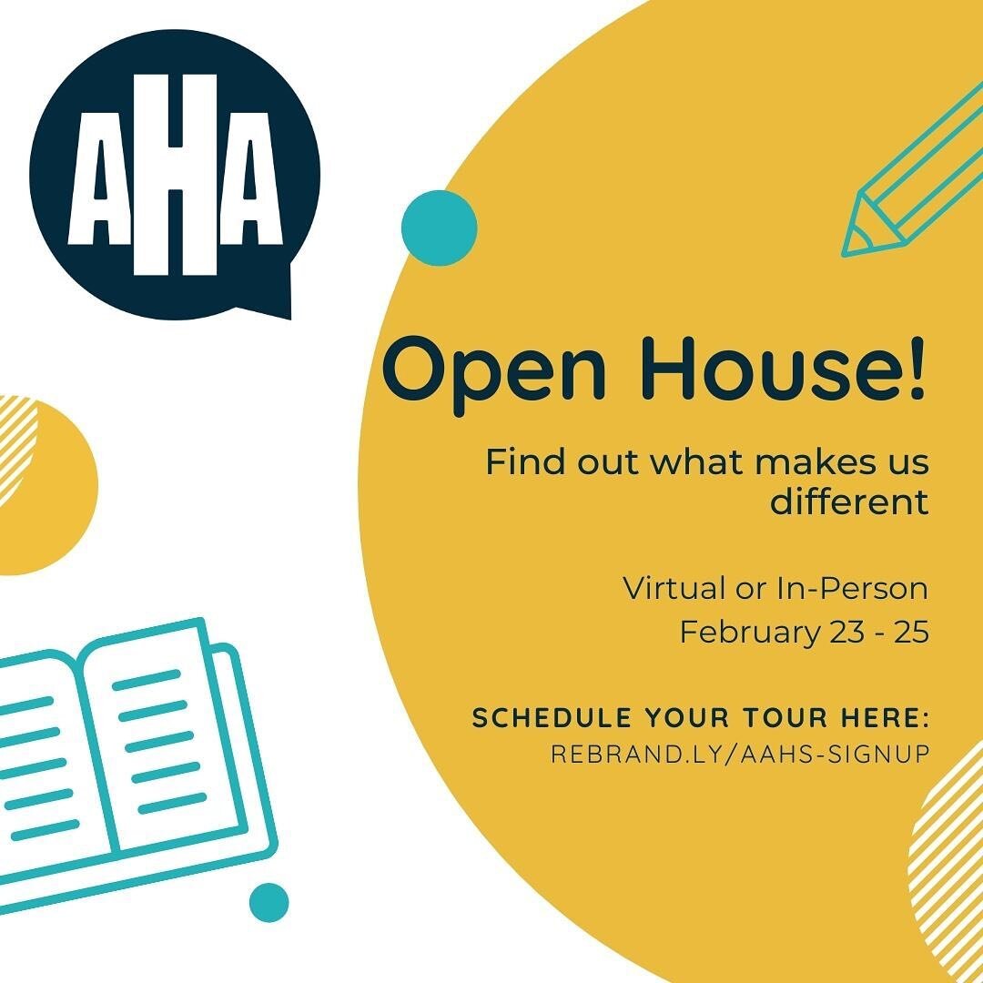 Last Day of Open House! 

Find out what makes us different at our Open House today, February 25! 

We are offering Virtual and In-Person tours of our school. 

Schedule your tour through the link in our bio and come have an AHA Moment at Academic Art