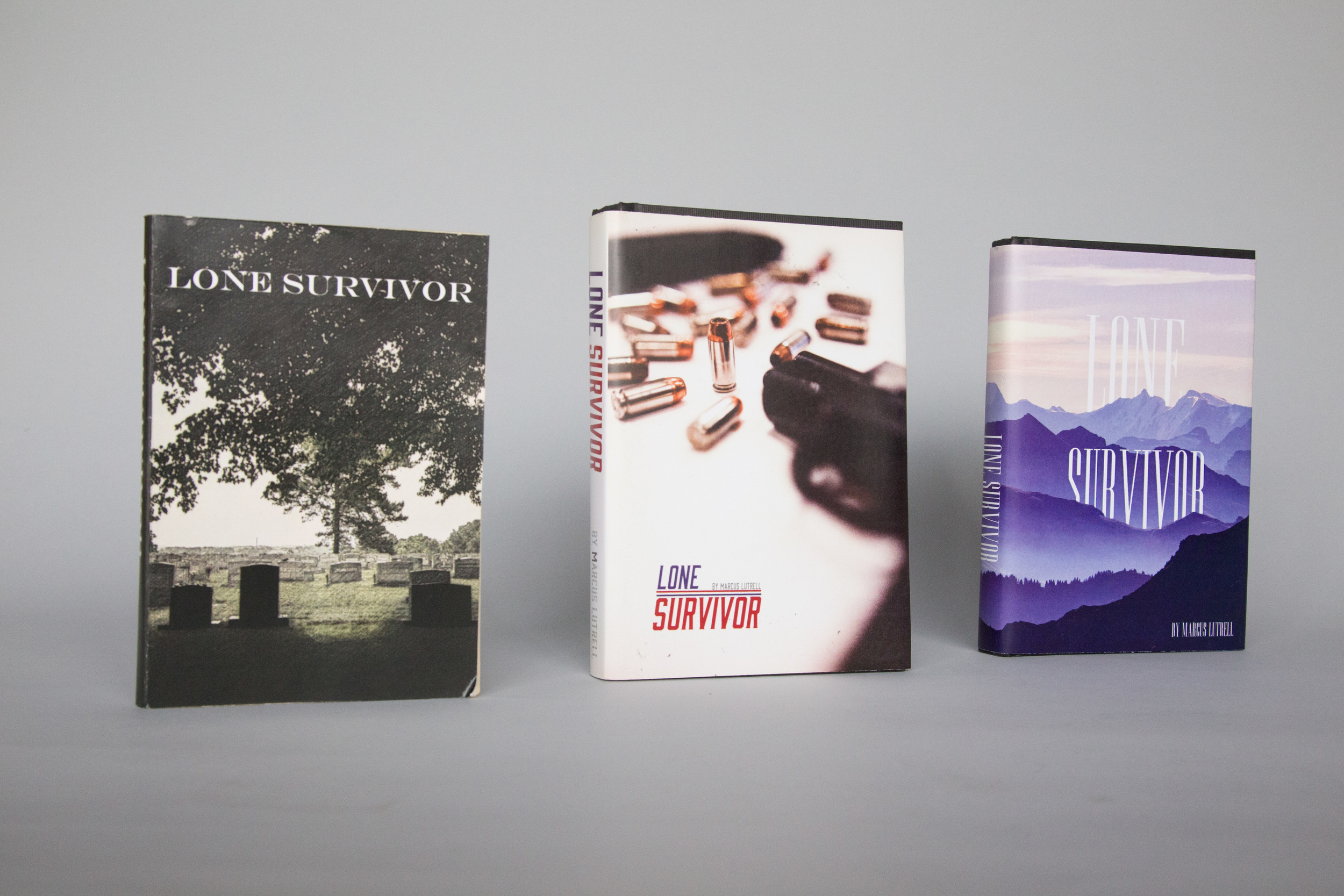  Conceptual book covers for the NY Times Best-Seller "Lone Survivor".  Each cover has a different theme.  Theme: Survivor's Guilt 