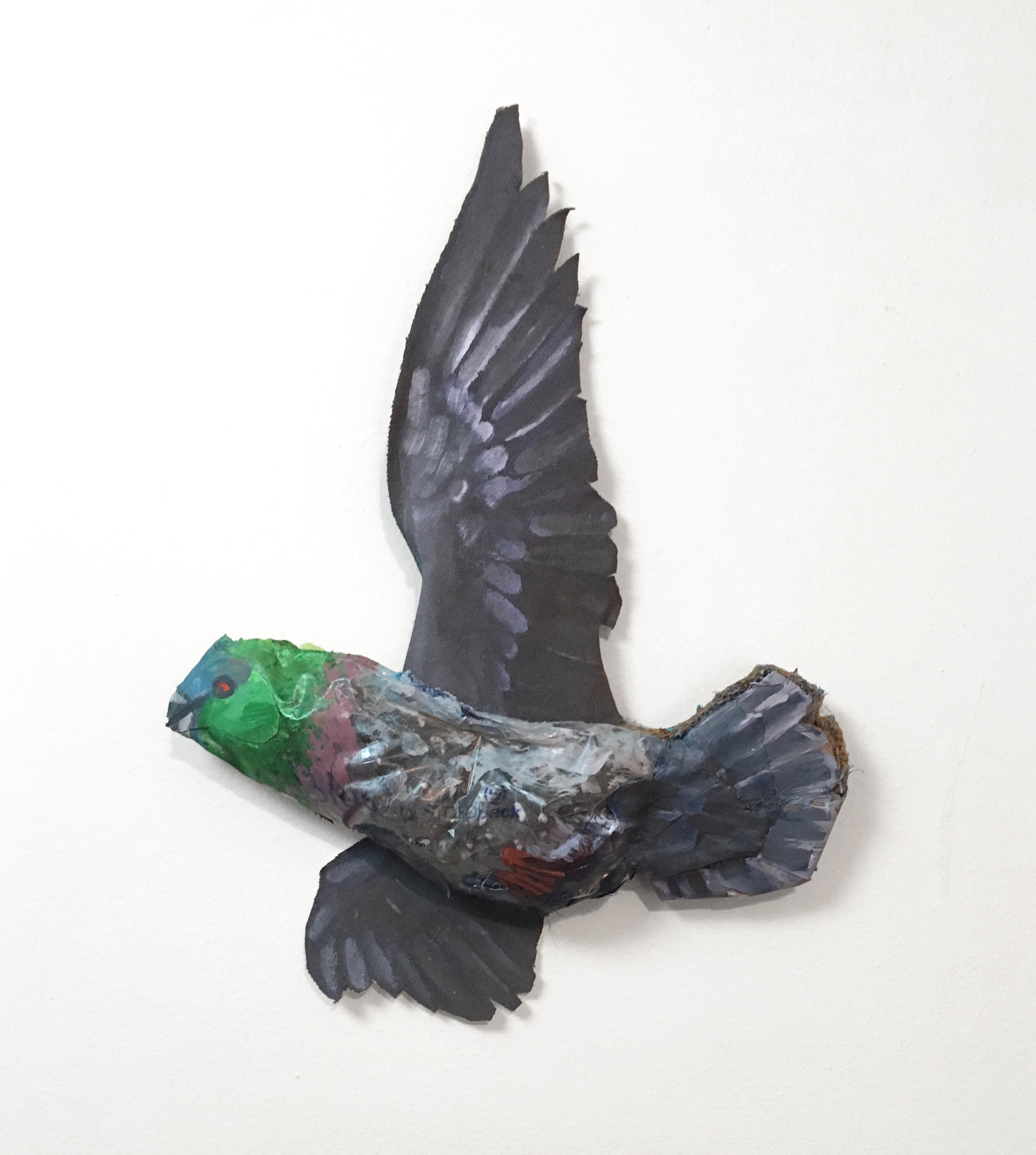  “Untethered Pigeon”, 12h x 9w x 1.5w in, Acrylic on fabric, coconut husk, cardboard, and plastic, stuffed with soil, 2019 