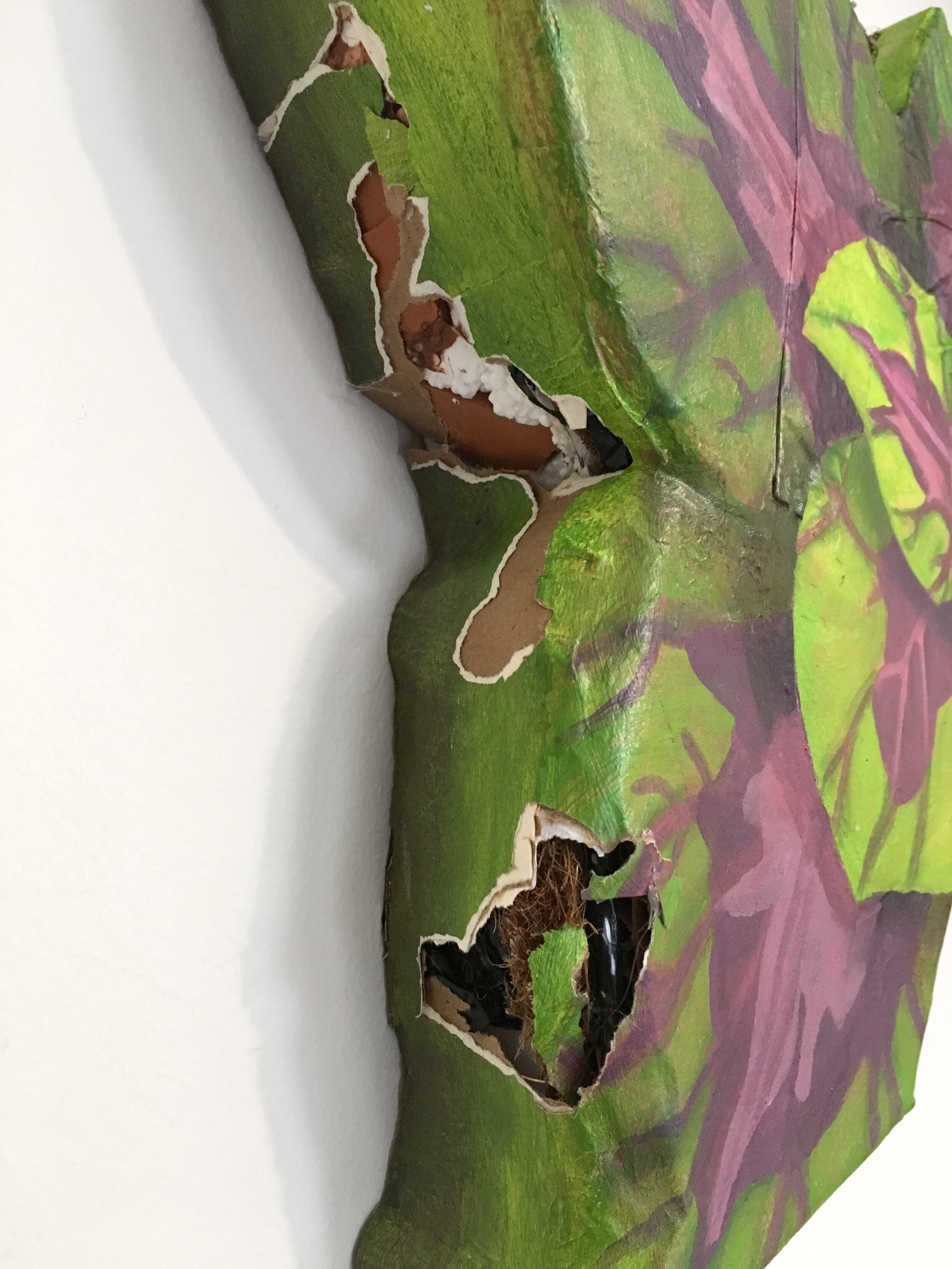  “Coleus”,   15h x 15w x 2.5w in, Acrylic on paper, plastic, cardboard, foam, fake flowers, coconut husk, and terracotta shards, 2019 
