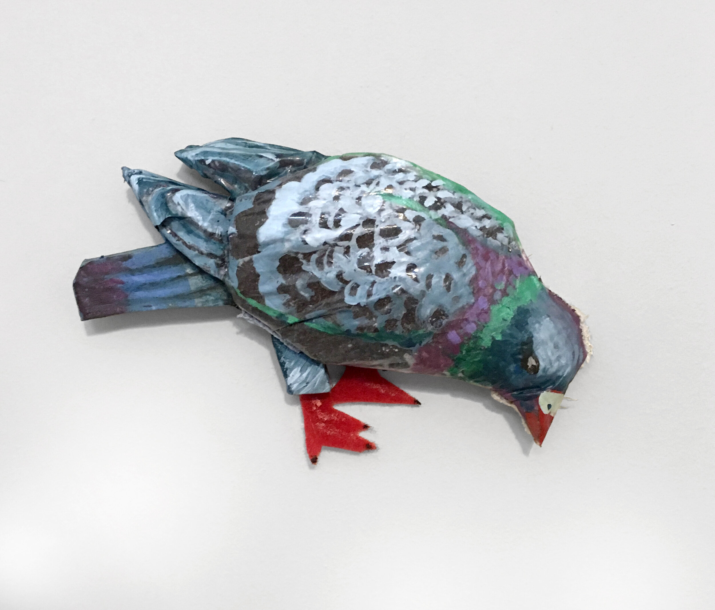  “Humility Pigeon”, 5h x 8.5w x 1d in, Acrylic on paper, sponges, and plastic, stuffed with soil, 2019 