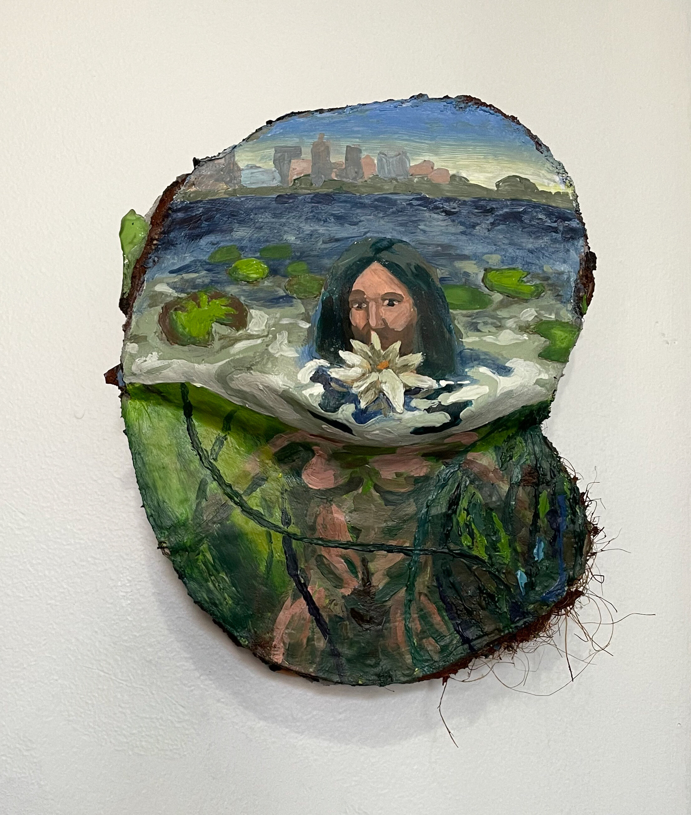  “East River Dreams”, 9h x 8w x 3d in, Acrylic on cardboard, insulation foam, pottery shards, candy wrappers, and sea glass, 2021 