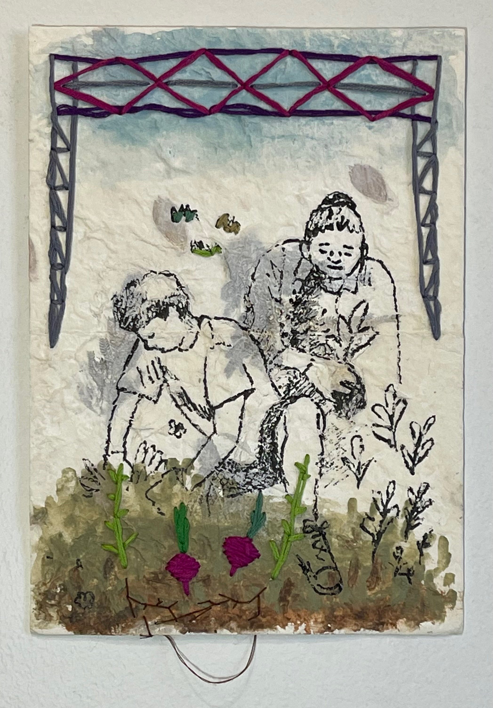  “Mother and Son Gardening”, 10”h x 6.75”w, Acrylic, ink, and embroidery on paper with pressed flowers, 2023   