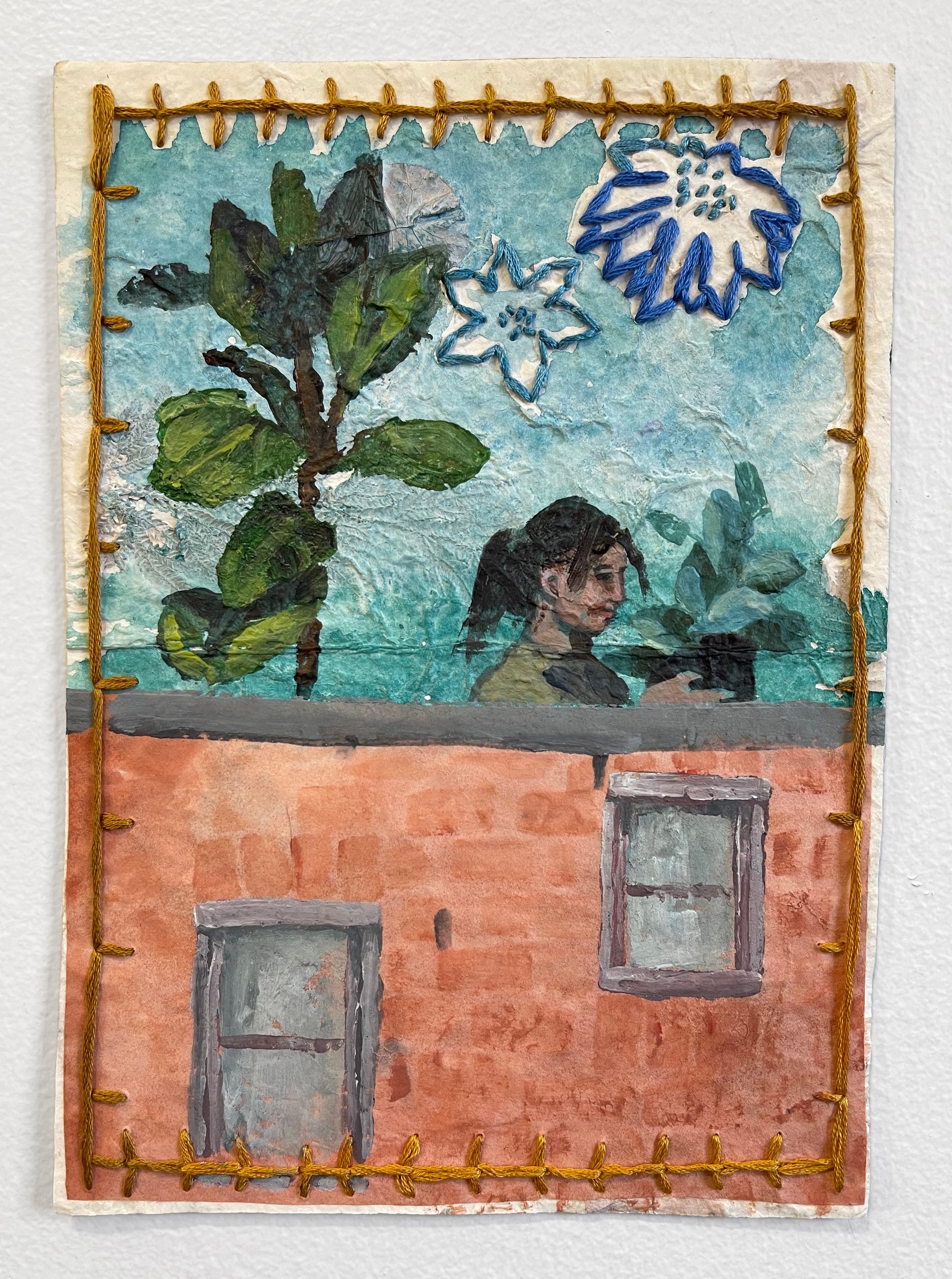  "Rooftop Garden", Acrylic, embroidery and collage on paper, 9.5” x 6.5”, 2023   