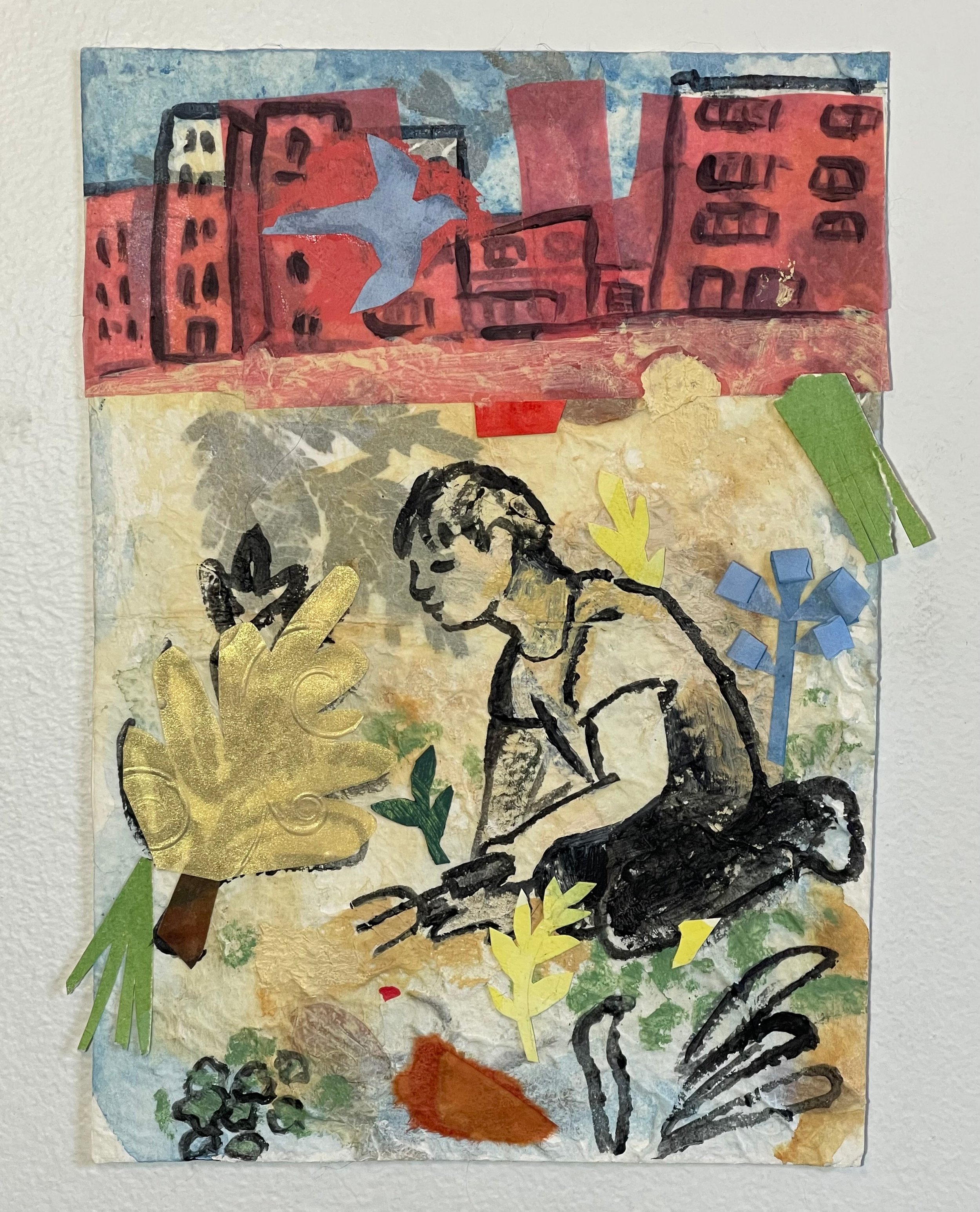  “City Roots 5 (Boy Gardening)”, 9.75”h x 7.5”w, Acrylic and collage on paper with pressed plants   
