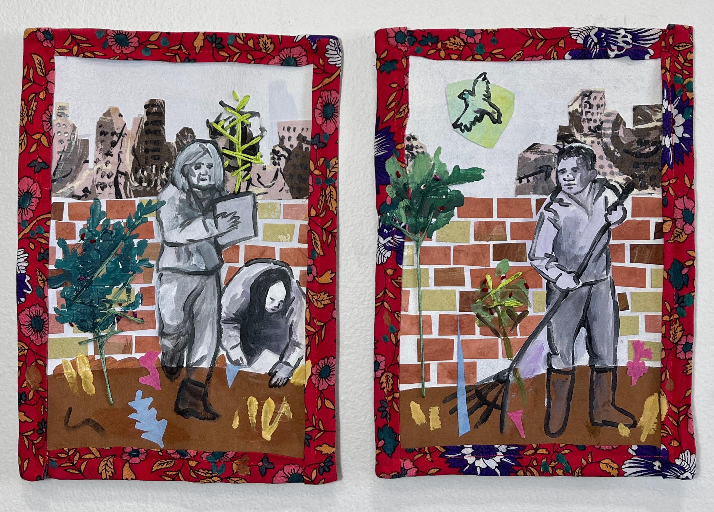  “City Roots 4 (diptych)”, 10”h x 15”w, Acrylic and embroidery on paper and fabric, 2023   