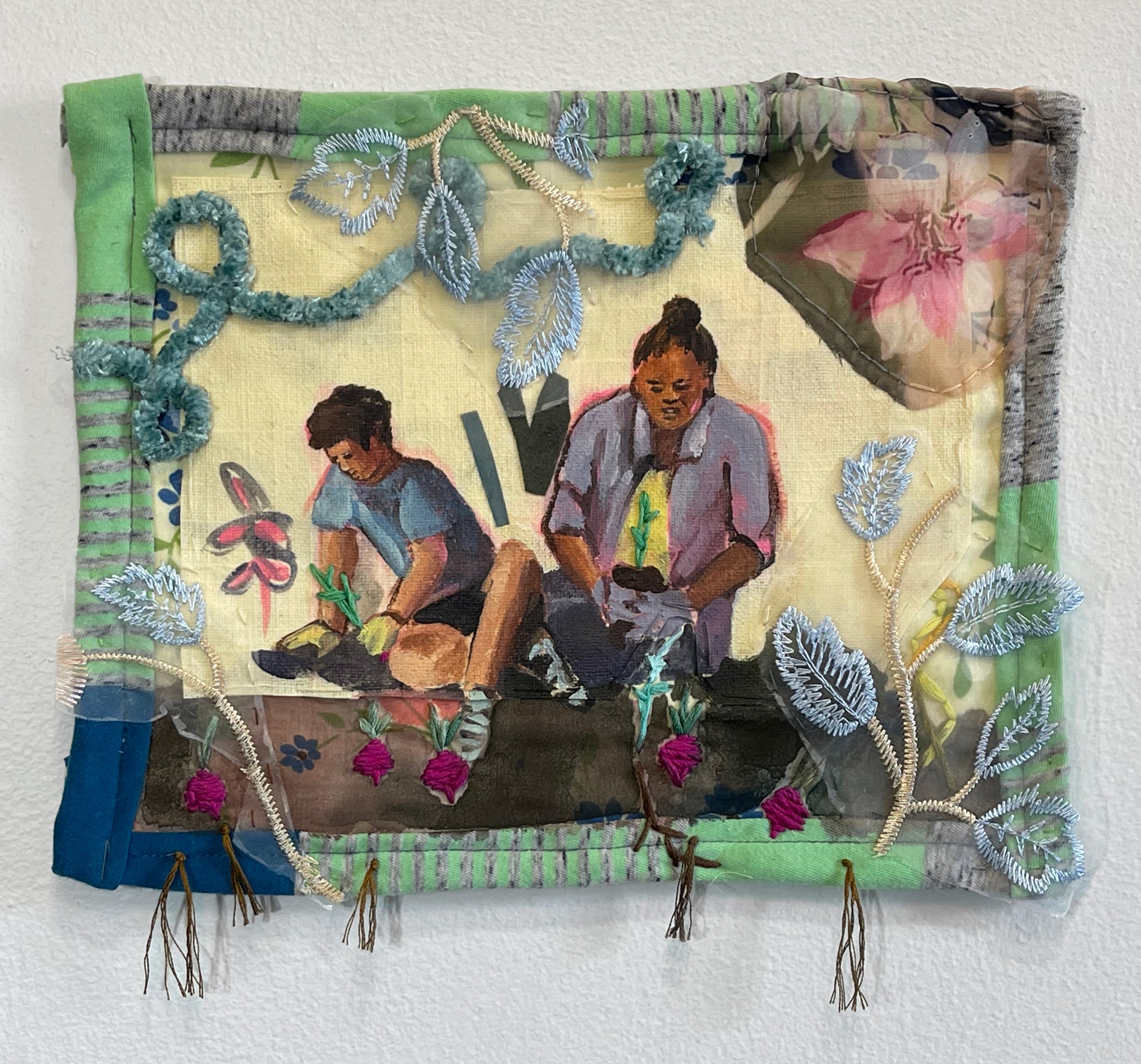  “Mother and Son Gardening 2”, 10”h x 11”w, Acrylic and embroidery thread on repurposed fabric, 2023   