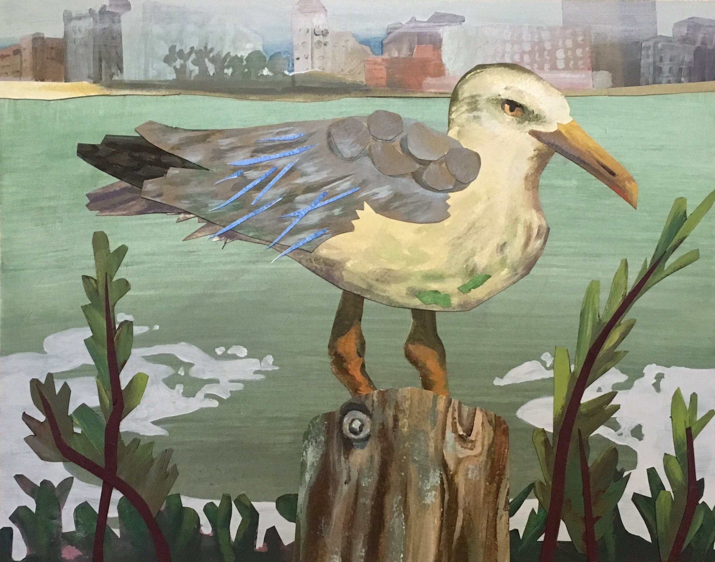  “Seagull with Cityscape 2, 11” x 14”, Acrylic and collage on panel, 2020 