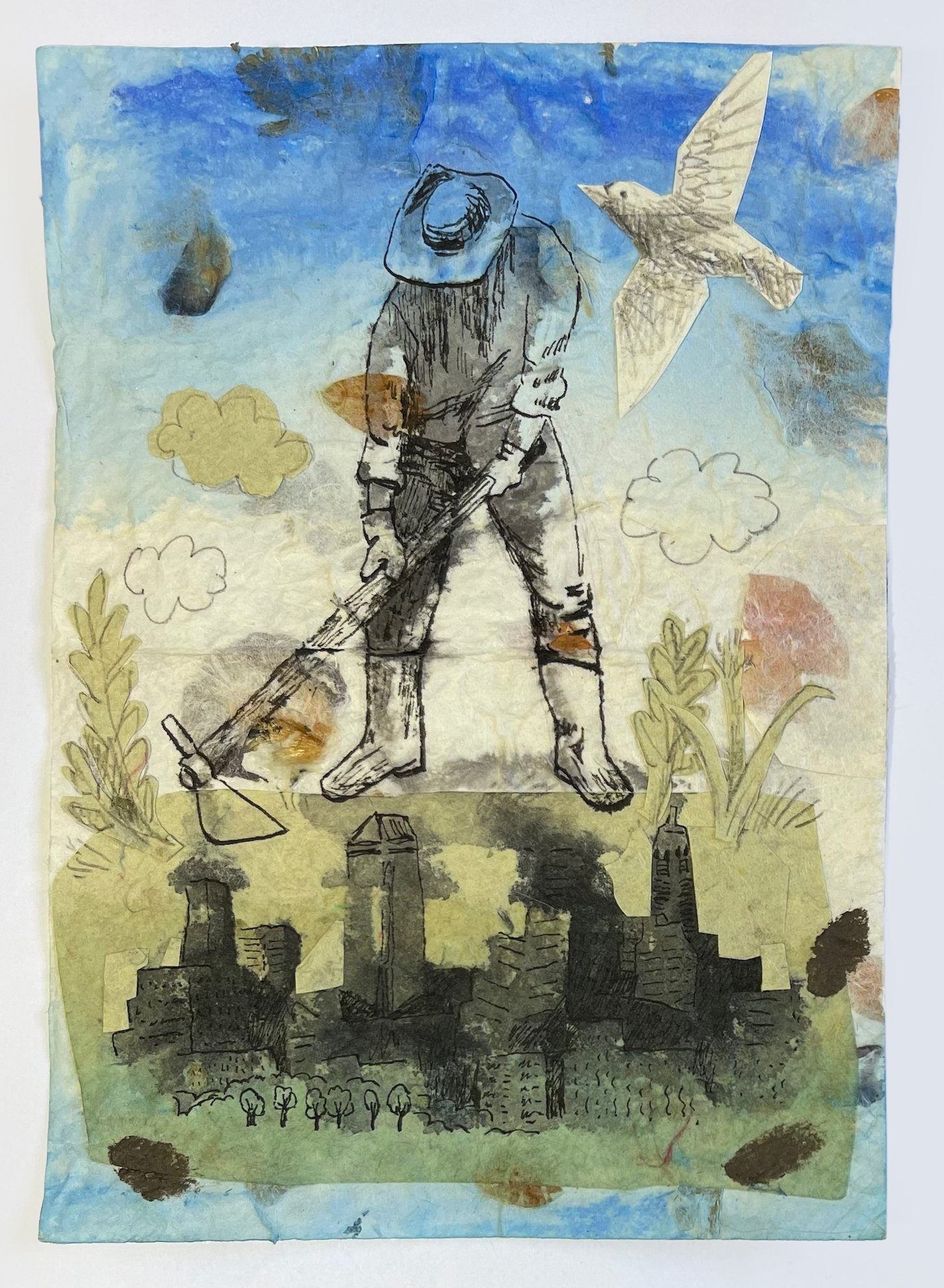  “Breaking Soil/Skyline”,  9.5” x 6.5”, Ink, graphite, and collage on paper, 2022 