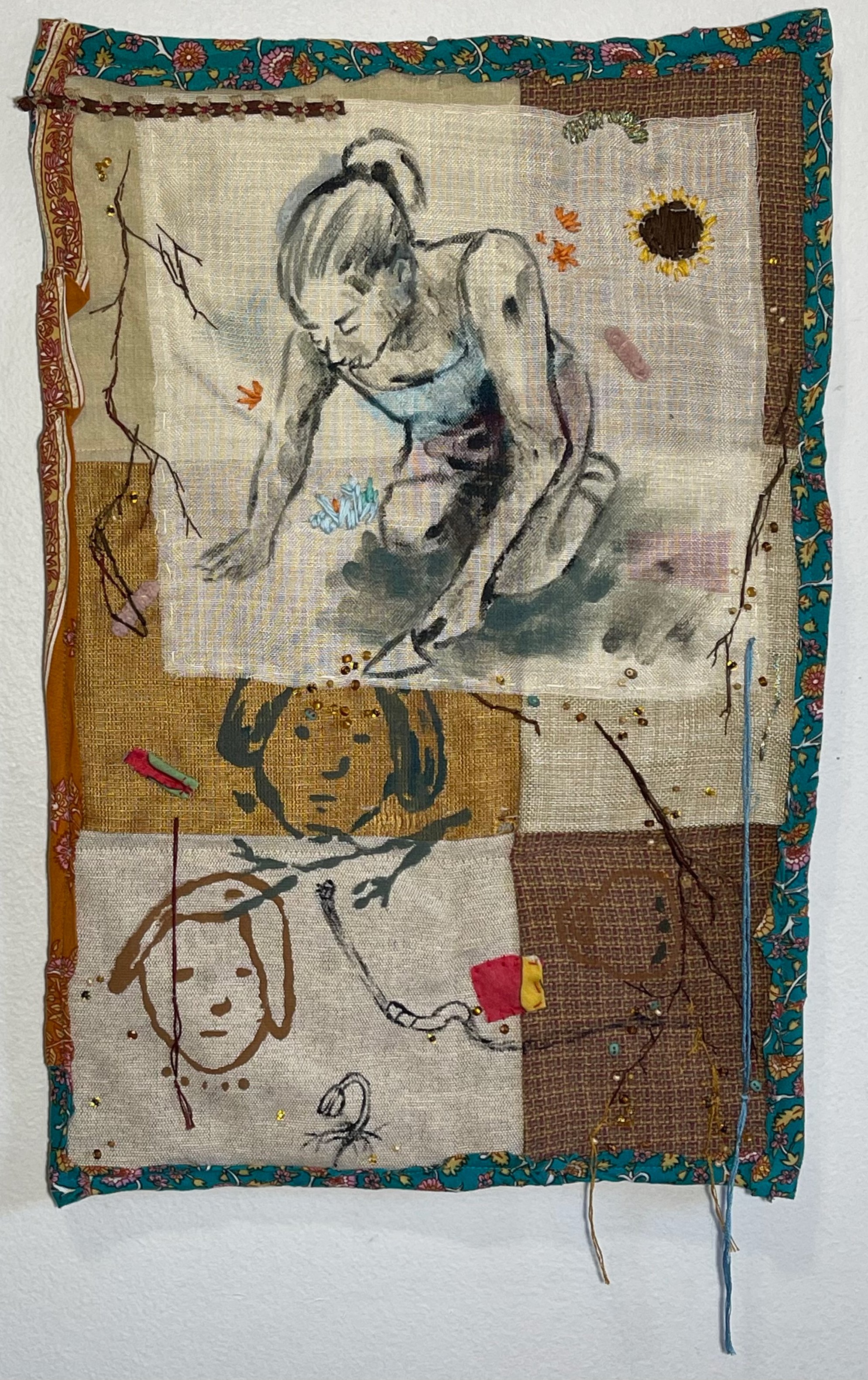  “New Roots Follow the Old Veins, 20”h x 12”w, Acrylic and embroidery on repurpsosed fabric,  2023 