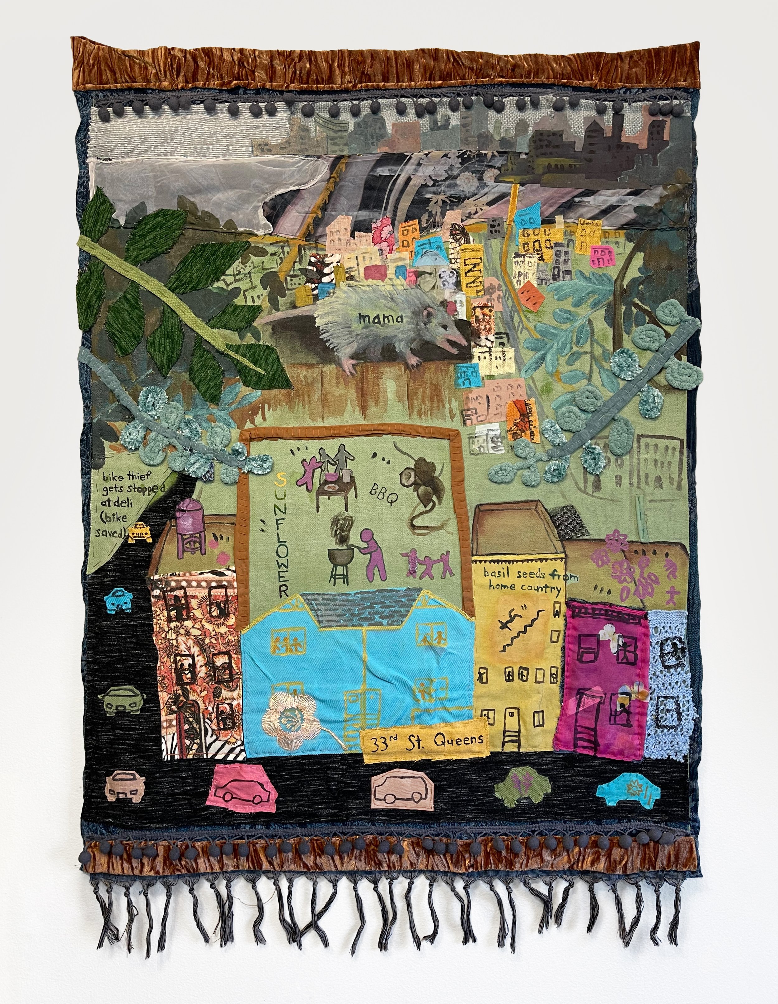  “Astoria Tapestry”, 35”h x 24”w , Acrylic on repurposed fabric, 2023   