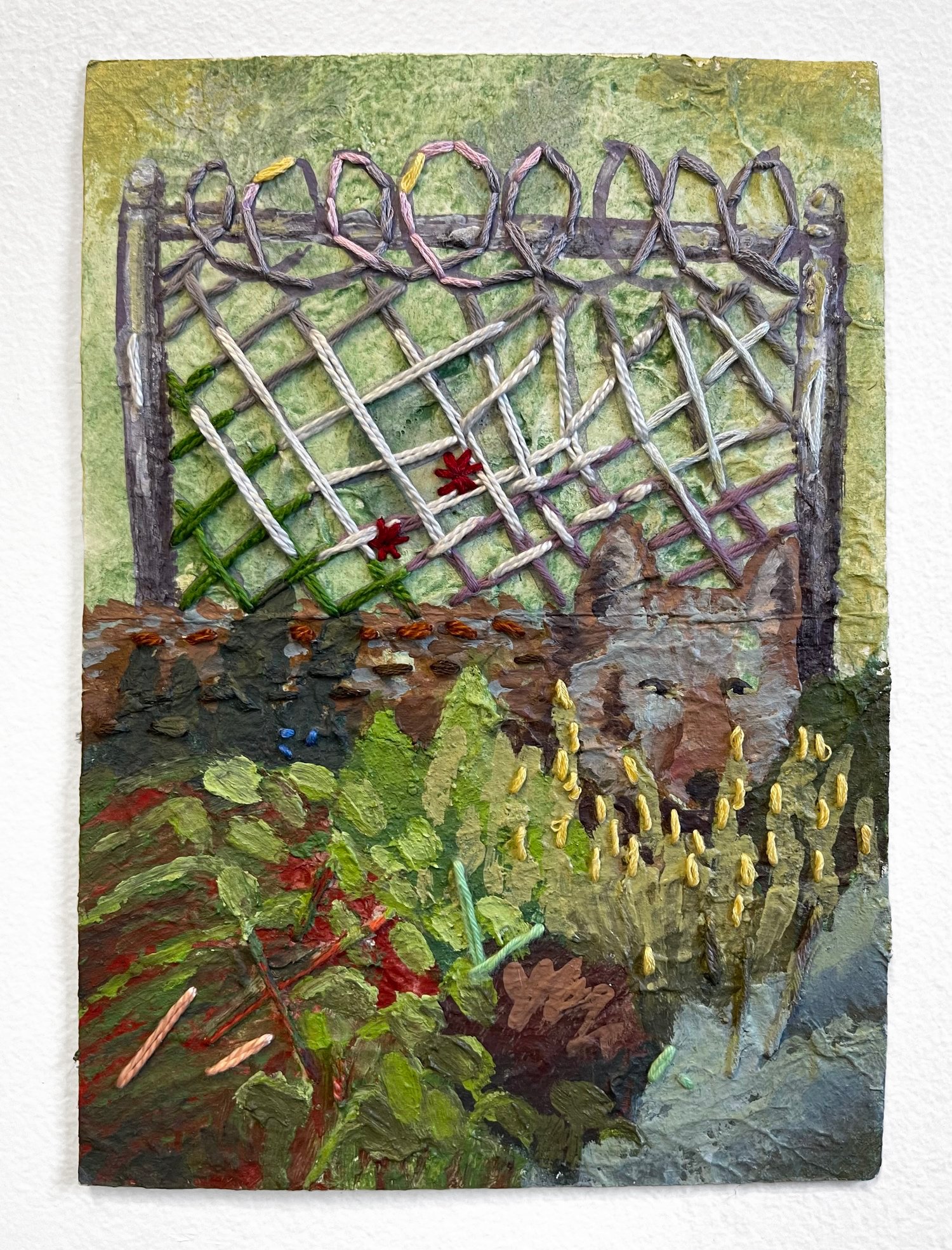  “Behind the Walgreens Parking Lot”,  9.5”h x 6.5”w, Acrylic, embroidery, and collage on paper, 2023   
