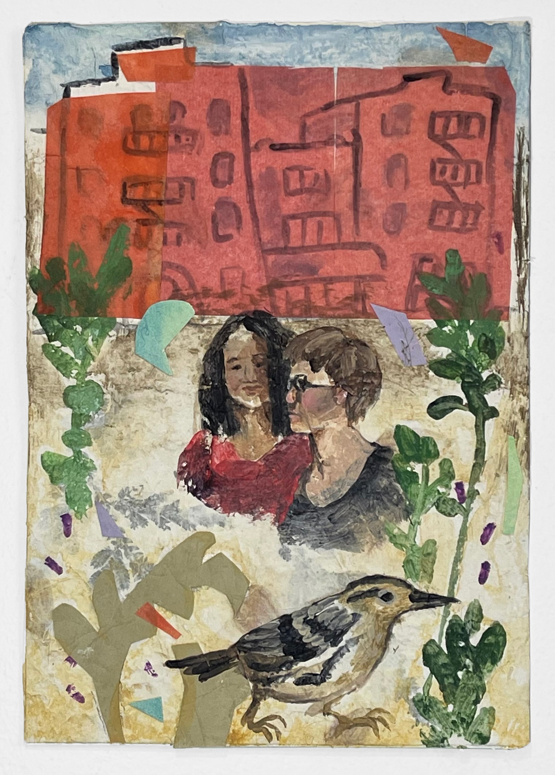  "Parkside Encounter", 9.5”h x 6.5”w, Acrylic and collage on paper with pressed flowers, 2023   