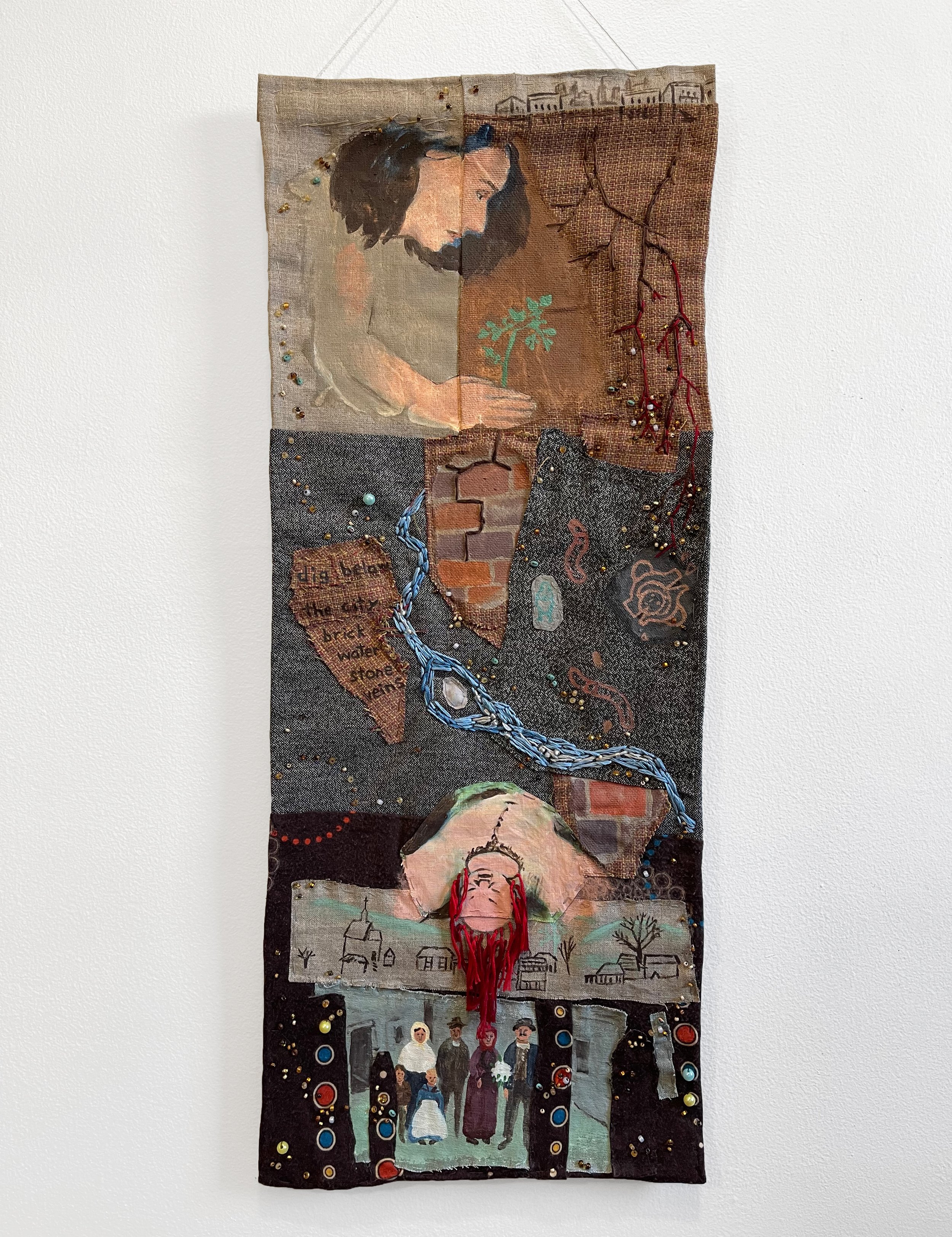  “Bricks under the asphalt”, 30”h x 12”w, Acrylic, embroidery, and beading on repurposed fabric, 2024 
