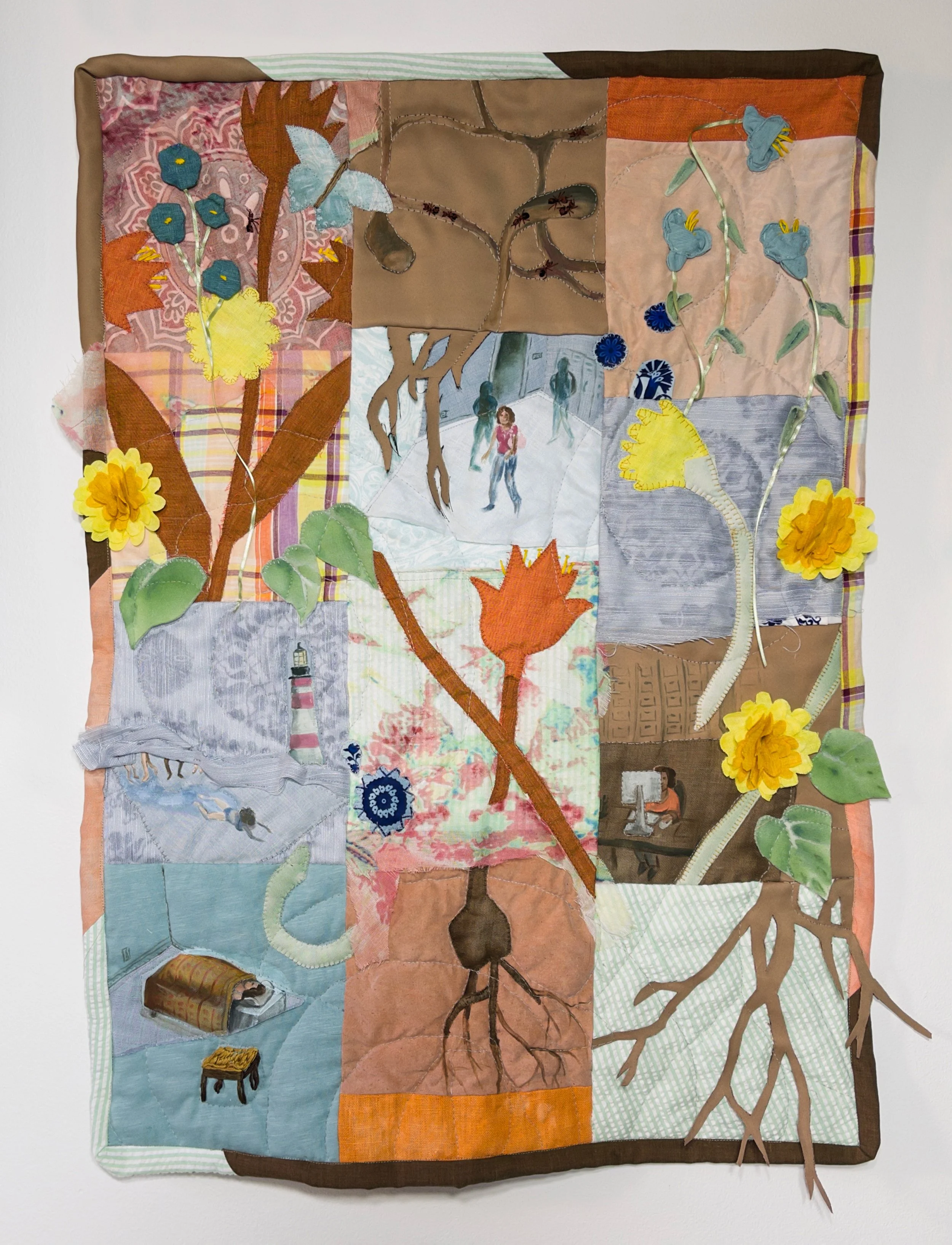  “A Day in the Life”, 33”h x 23”w, Fabric paint and embroidery on repurposed fabric, 2025 