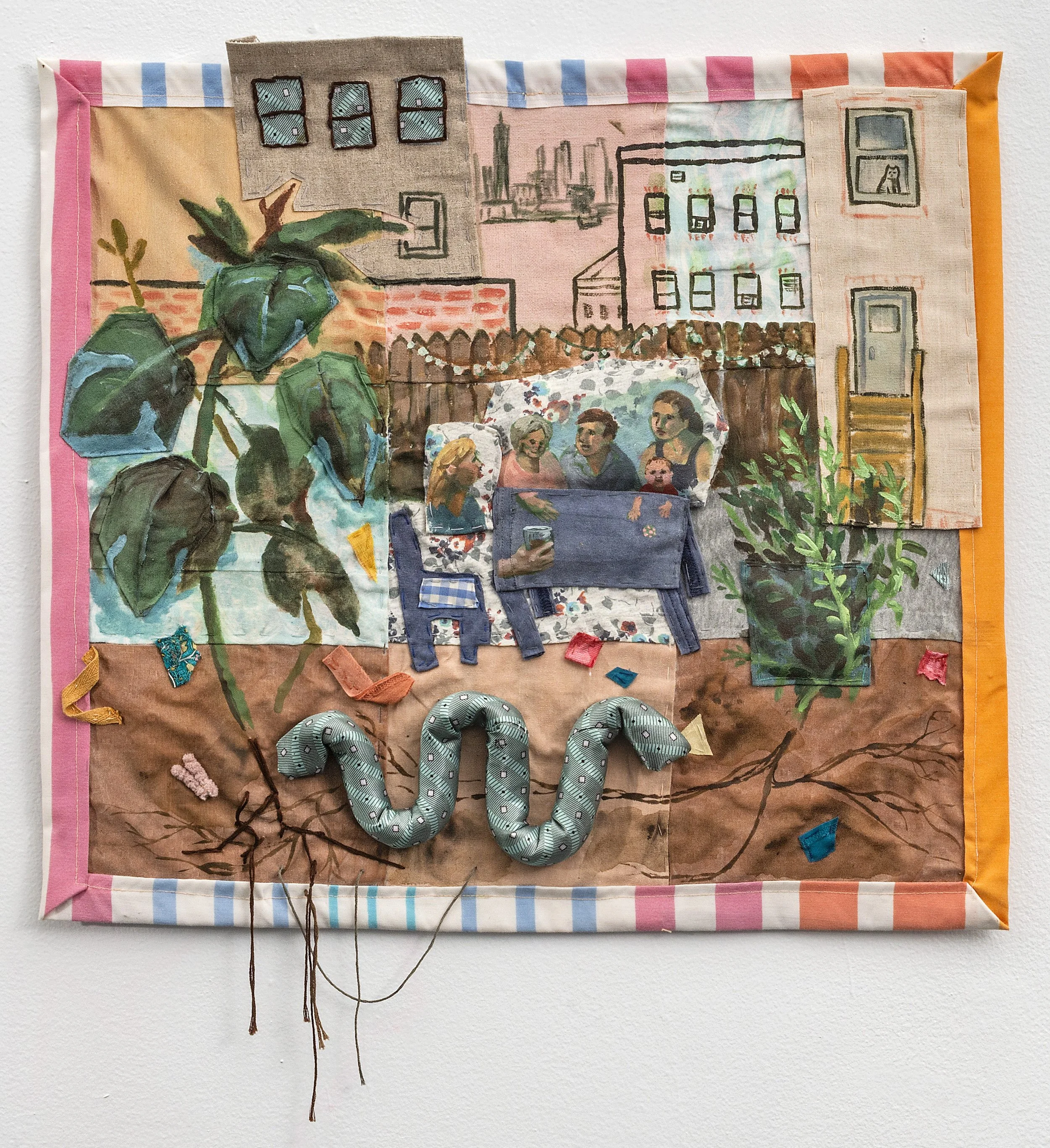  “Backyard in Summer”, 24”h x 21”w, Acrylic and embroidery on repurposed fabric, 2023 