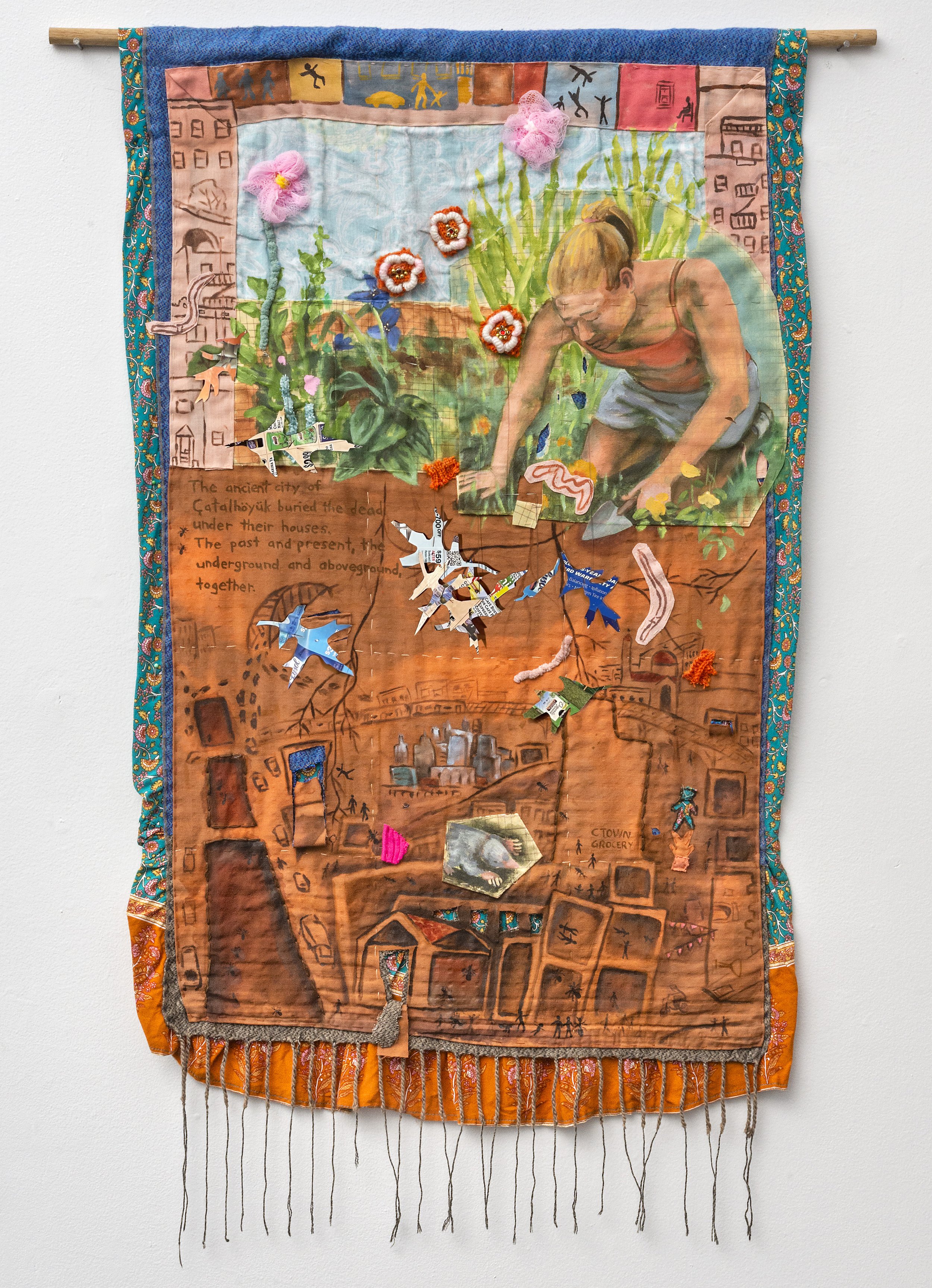  “Hidden Cities”, 47”h x 30”w, Acrylic on repurposed fabric with repurposed paper, 2024 