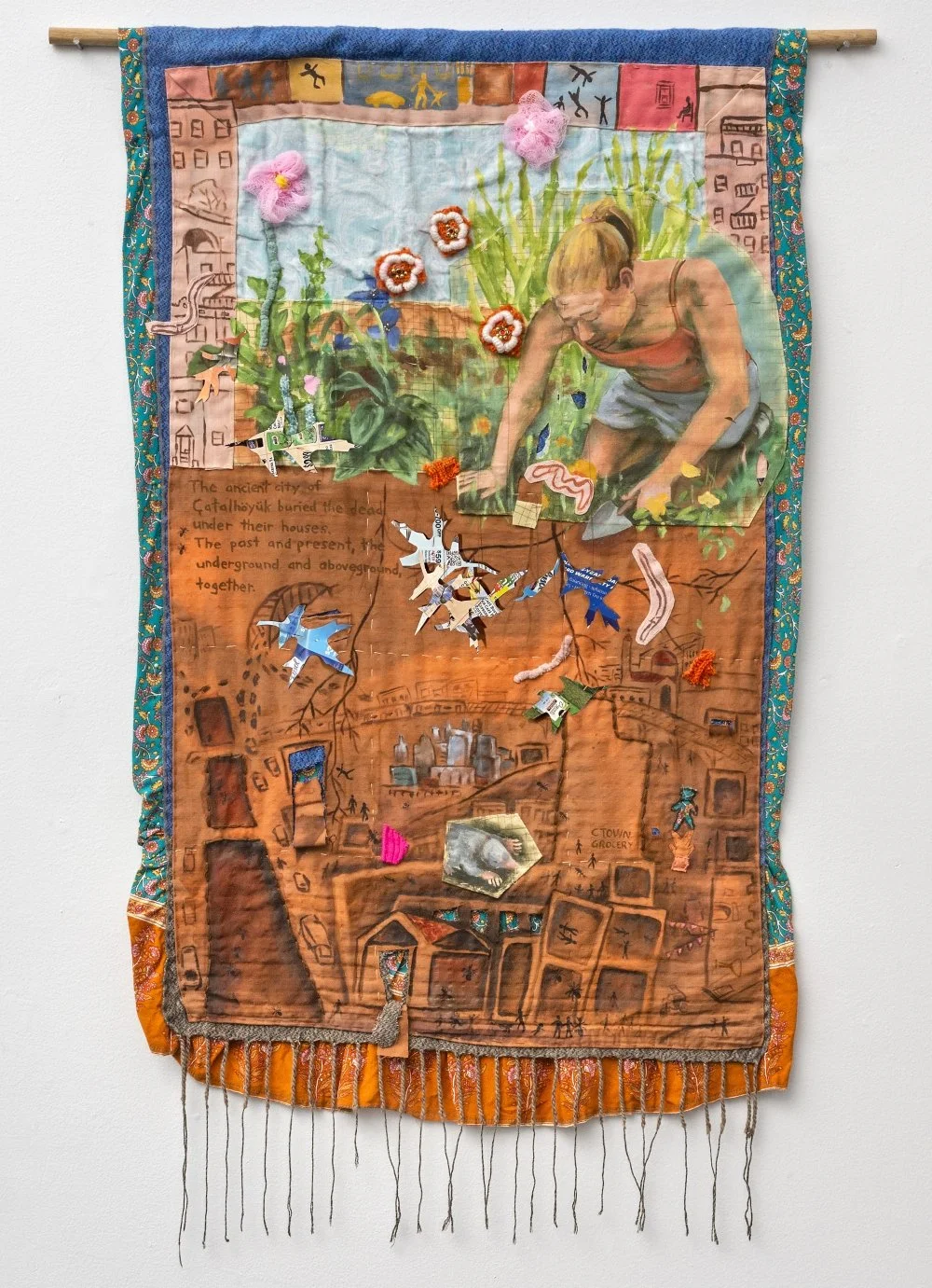  “Hidden Cities”, 47”h x 30”w, Acrylic on repurposed fabric with repurposed paper, 2024 