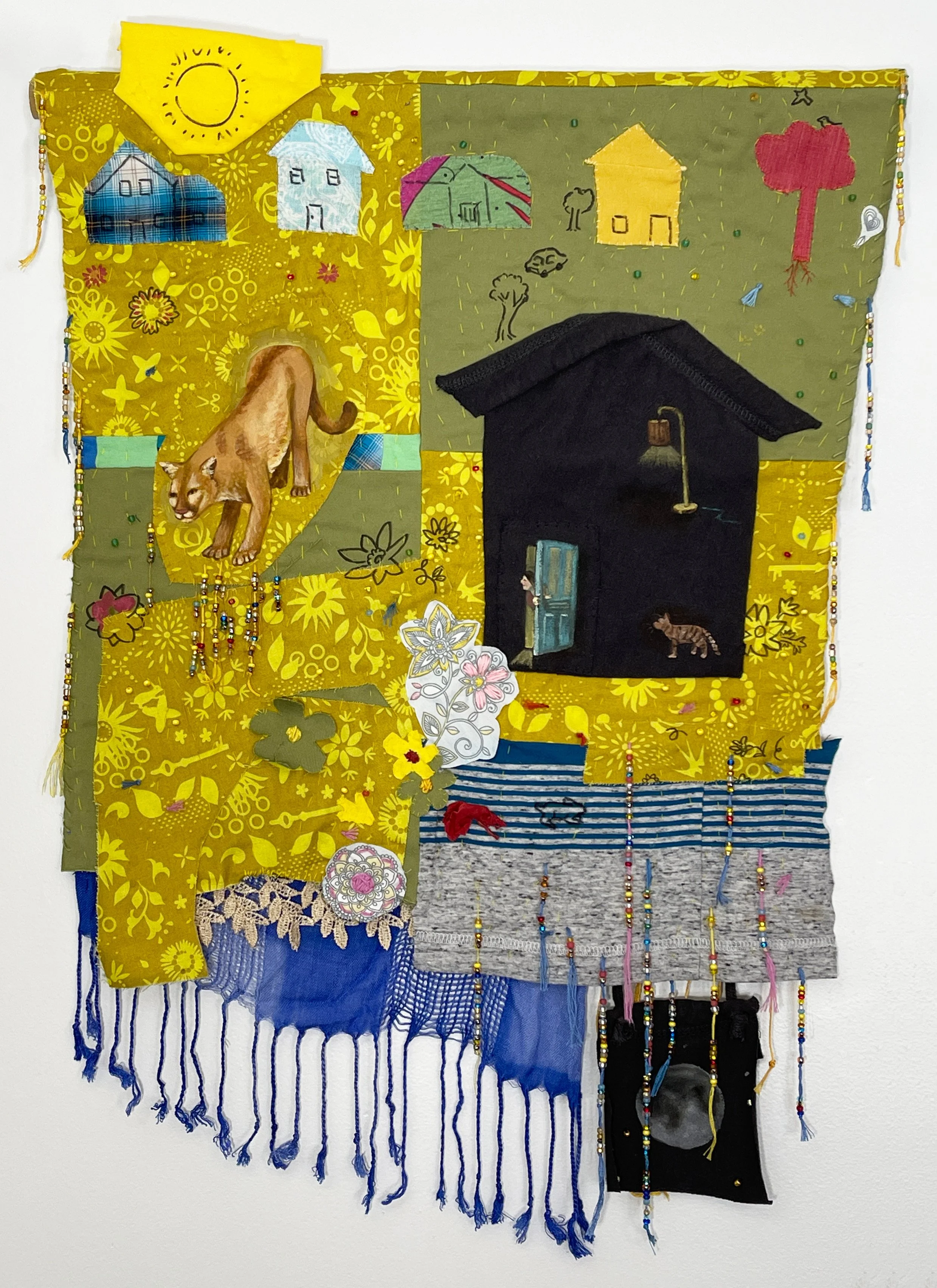  Untitled, Fabric paint and beading on repurposed fabric, 27”h x 20”w, 2026 