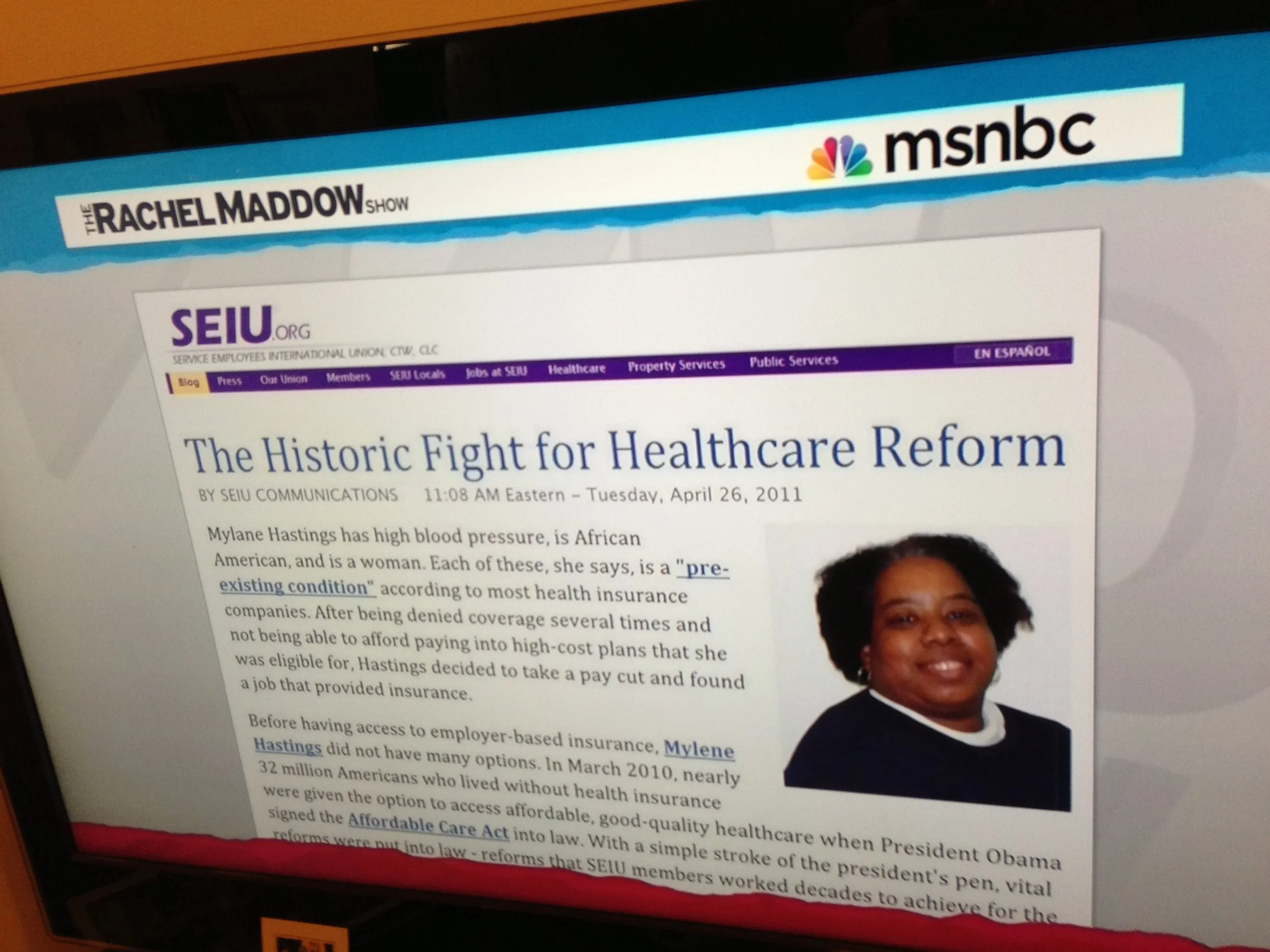Identity: SEIU website design in one of many screen-grab appearances on MSNBC, Fox News, and other television commentary.