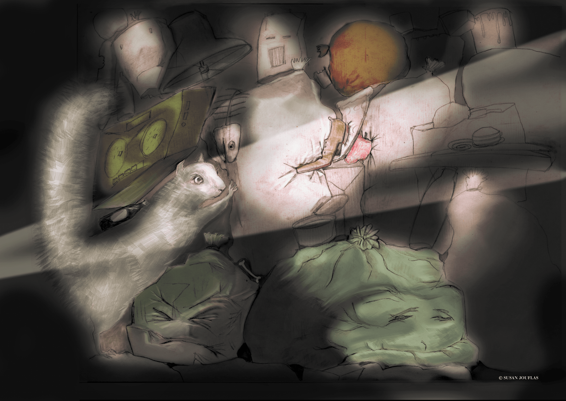 For a children's story. Squirrel trapped in a garbage truck.