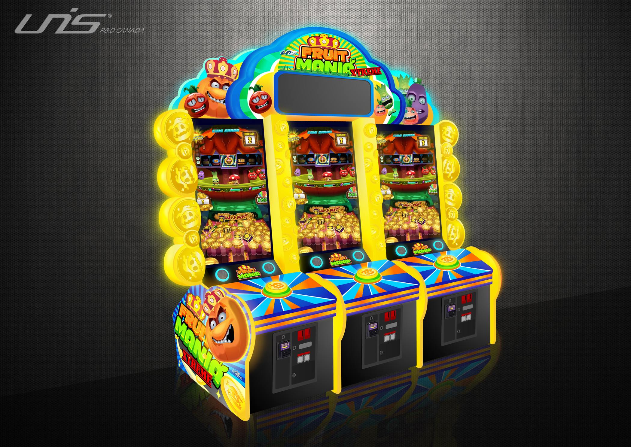 Fruit Mania Game - Designed the look and shape of the cabinet. I had to keep in mind of what materials and specific lighting to use for the best effect and to also follow safety guidelines. I also created all original characters, logos, and decal.