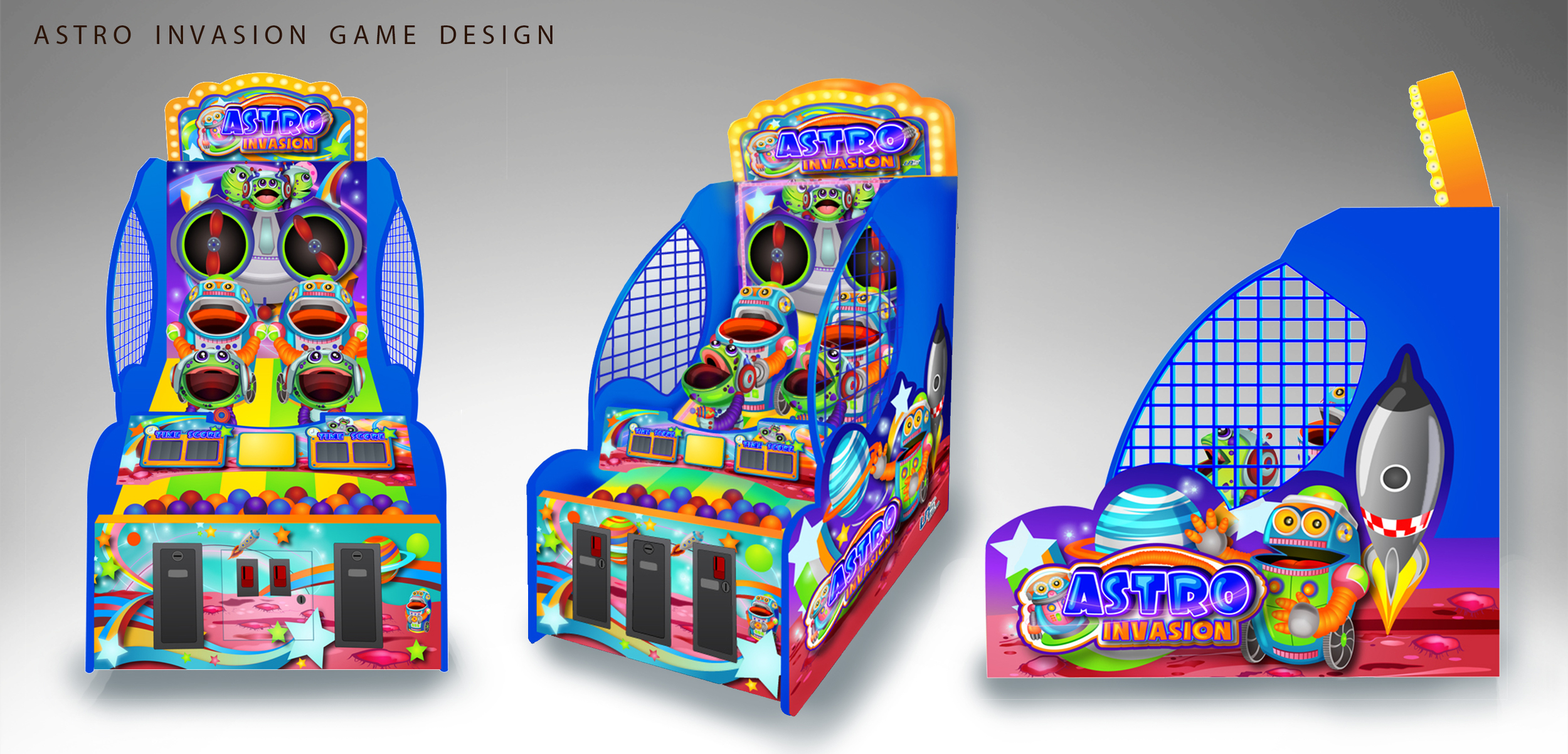 Design of cabinet shape, characters, logos and graphic decals that I came up with for the Astro Invasion ball tossing game.