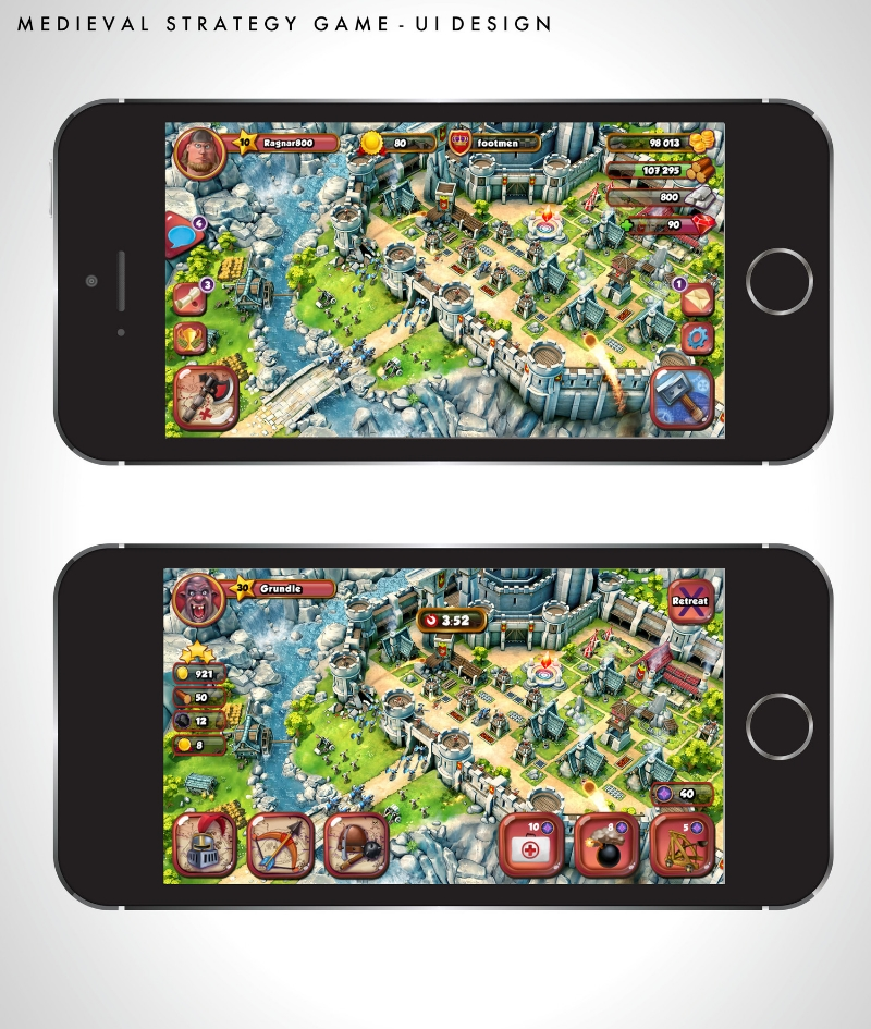 Interface Design created for a strategical medieval themed game. The first phase ( first image) is the build phase where the player begins to create mines and houses with resources. The second phase (second image) is the attack phase where the player will have to defend the fortress against an enemy.