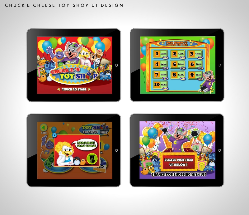 Mock up created for chuck-e-cheese. Client wanted to develop a toy purchasing app where it will be easy and intuitive for children to check out. 