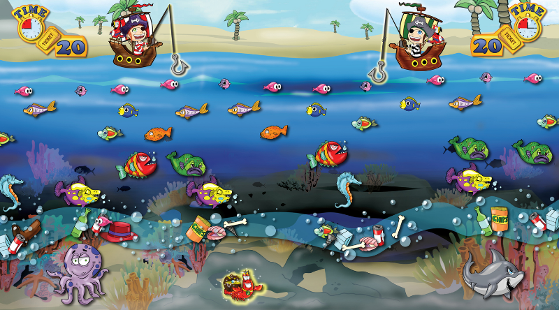 Interface design for Pirate's Hook game. Client wanted a game that revolved around a nautical theme for children from 6-14. The purpose is to hook as many fishes through obstacles in a limited time frame. I designed the game play, all characters, background and logos.