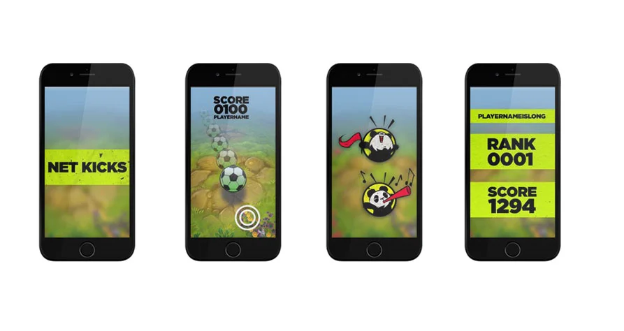Netkicks UI screen on the mobile device. Players pull back on circular target to aim soccerball.