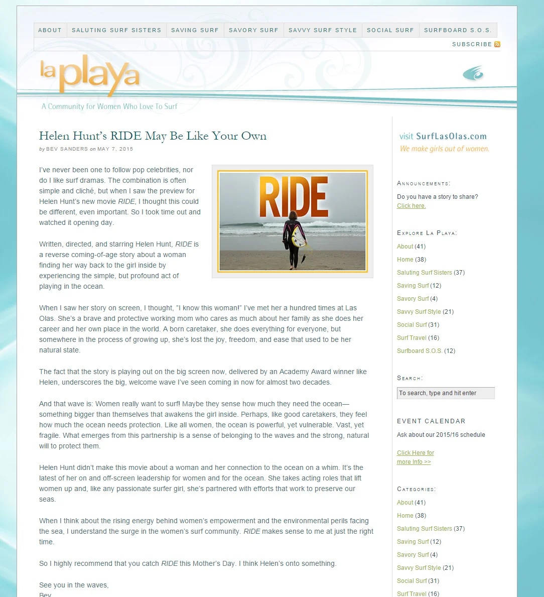 blog, La Playa (with Las Olas women's surf camp) (ghost writing, editing)