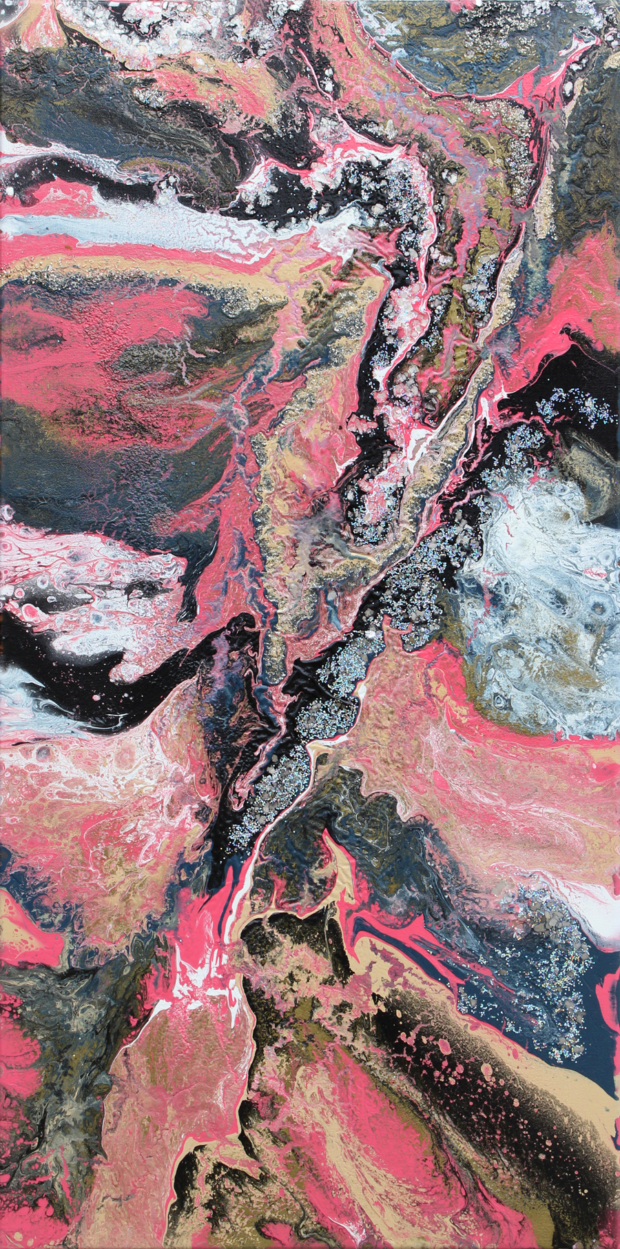 This is another subject that revealed itself after the fact. I started pouring in layers tipping the canvas, throwing on glitter, paint and repeat and was a bit disappointed at first that it didn’t have the curved banding look I was trying to achieve. I threw it in the garage and would take it out each day to figure out my thoughts. I really started loving it. There was something about it that made me think: mermaid. I was pretty sure it was the glitter. Then one late night she appeared! I really couldn’t believe she was there! I named the painting before I found her - she must have been trying hard make me see her! Siren Range on Venus 18in x 36in Acrylic, Mica and glitter on canvas © Erin Pikor 2019