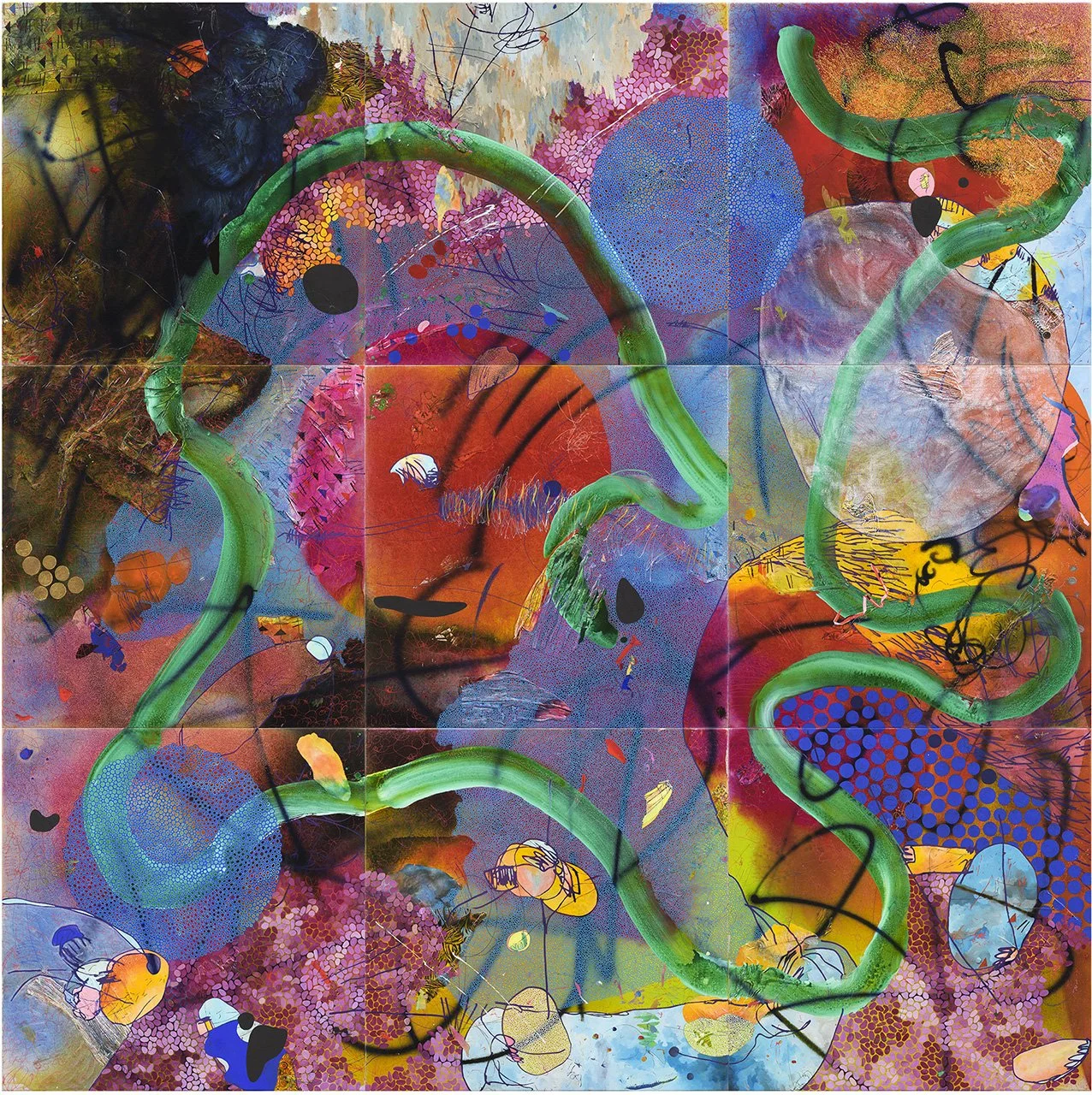 Evan Woodruffe_April-June 2017_2017_9 panels each 100cm x 100cm_ acrylic, fabric, gold leaf and paper on linen.jpg