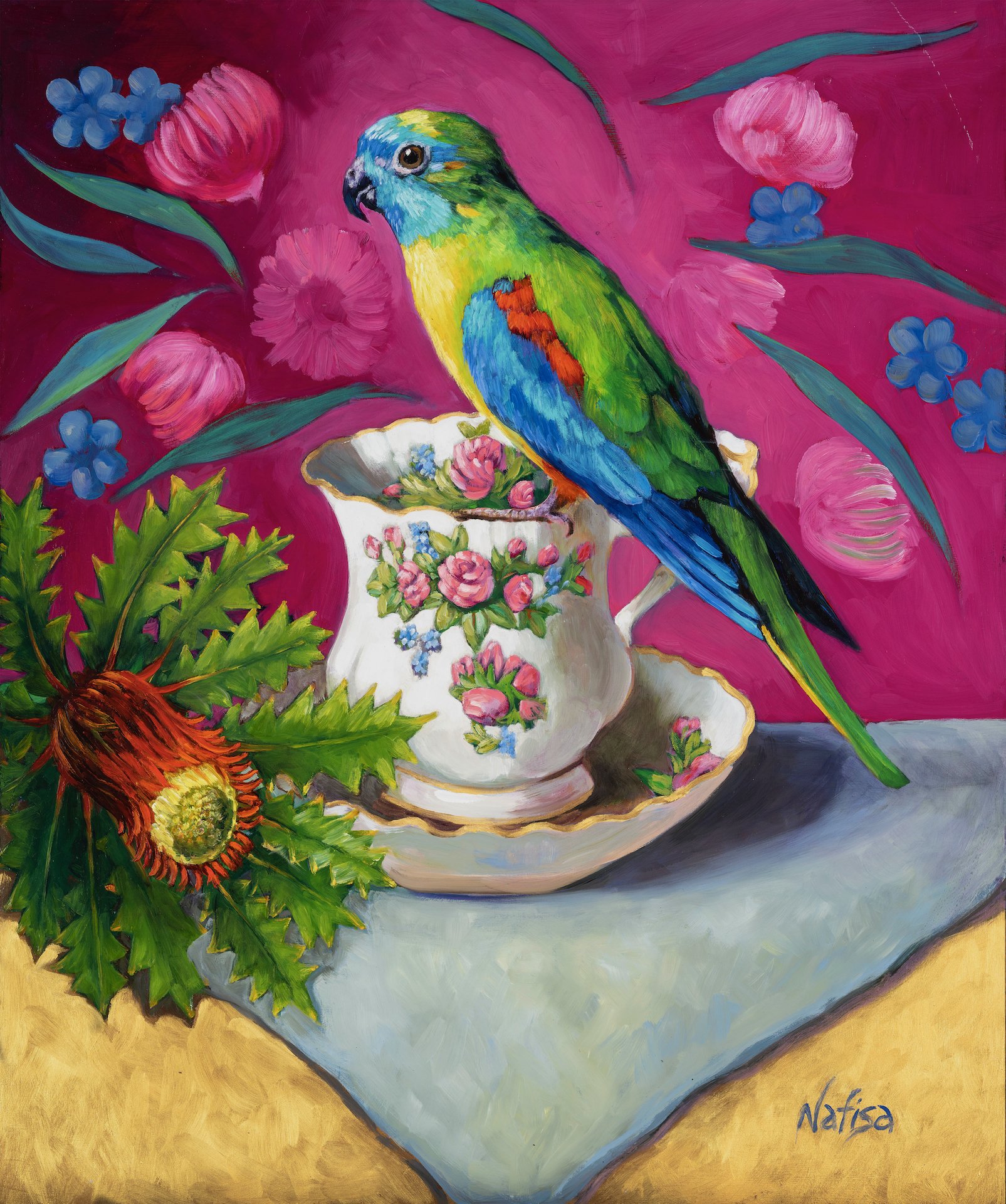 Australian Birds. Turqoise Parrot and Roses. Oil on Board. Nafisa  copy.jpeg
