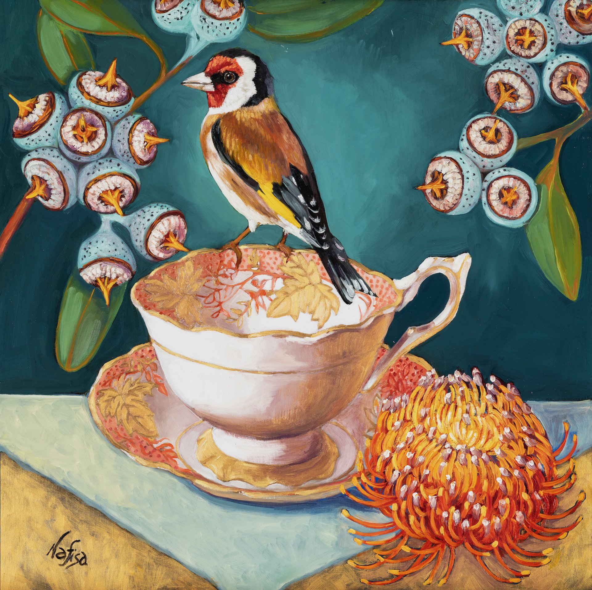 Australian Birds.Goldfinch with Grevillia. Oil on Board. Nafisa  copy.jpeg