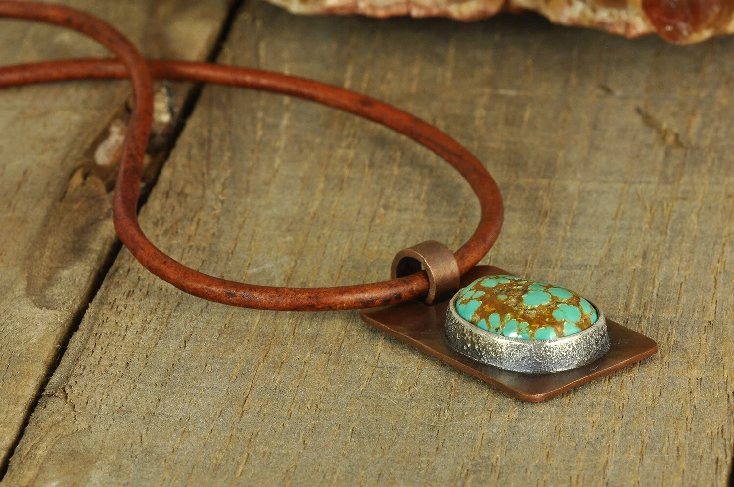 No. 8 Turquoise Gemstone on Copper + Fine Silver Pendant