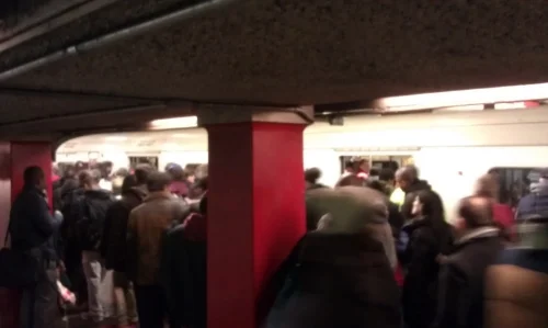 Over Capacity: This train sat in the Downtown Crossing station for 2.5 minutes due to overcrowding.