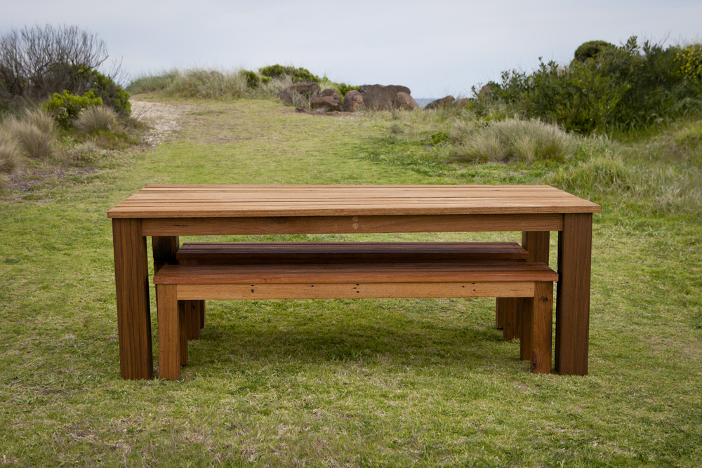 Recycled Hardwood Outdoor Dining Table, Outdoor Bench Seat And Table