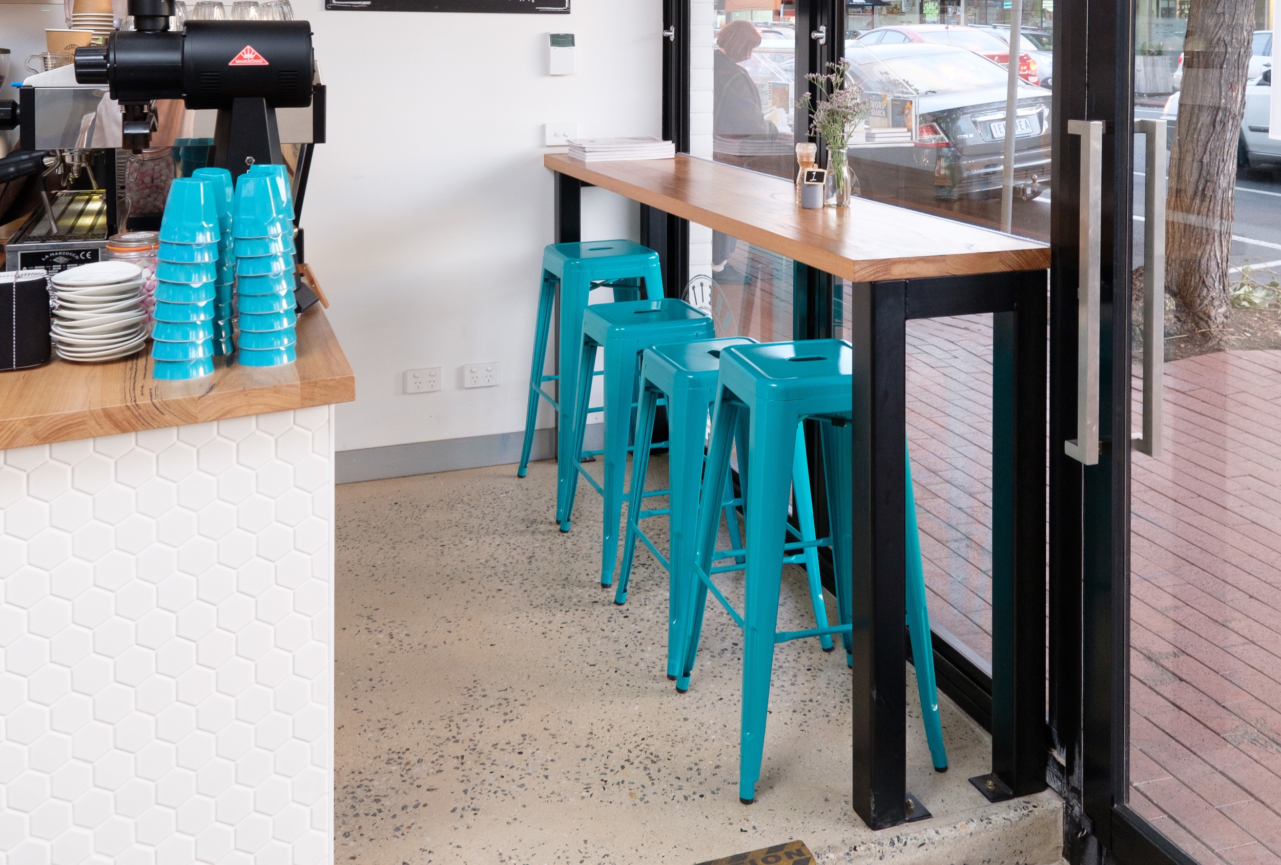 cafe bench with timber